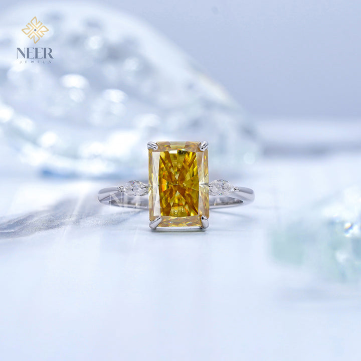 Canary Yellow Radiant Cut Moissanite Engagement Ring,Anniversary Gift Ring for her