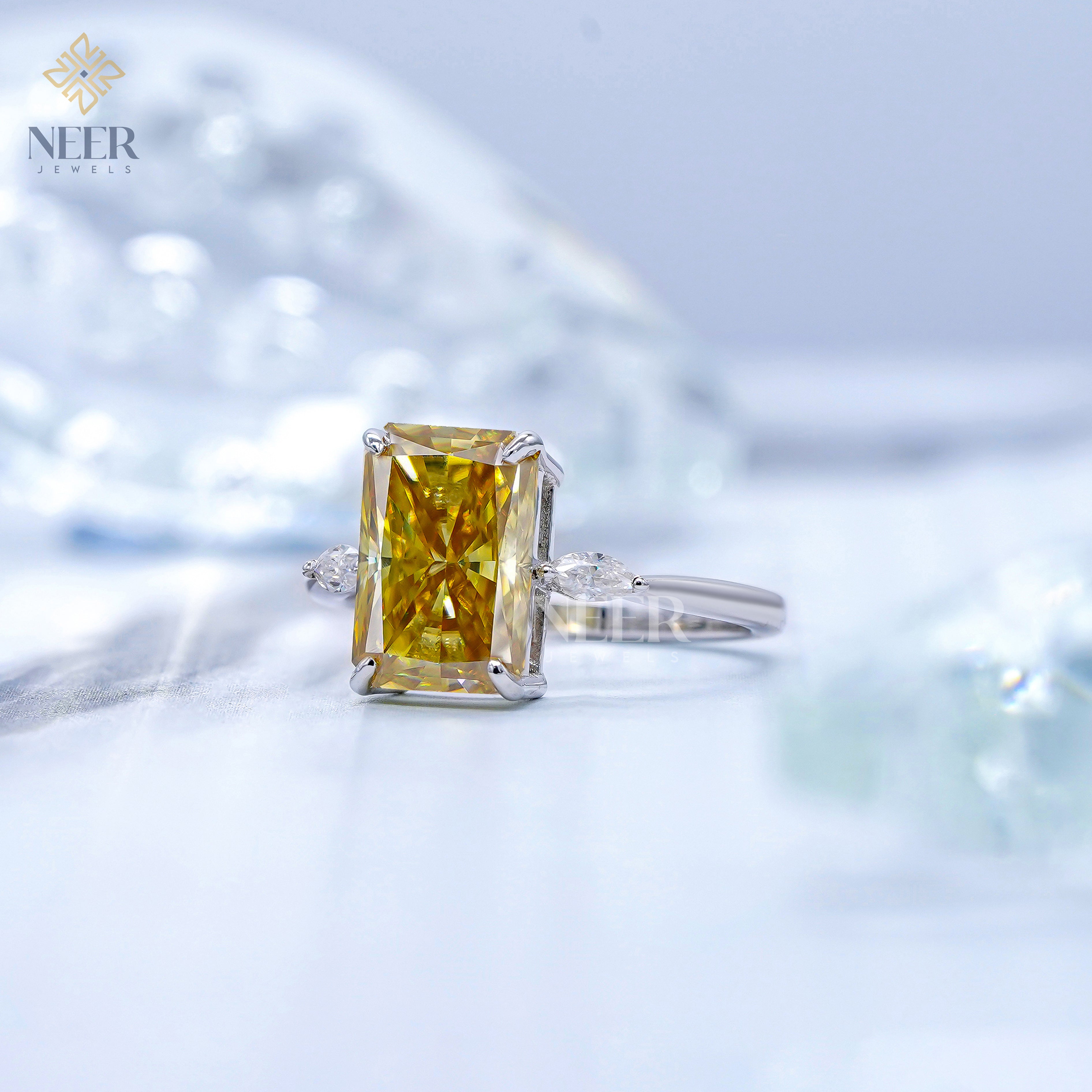 Canary Yellow Radiant Cut Moissanite Engagement Ring,Anniversary Gift Ring for her
