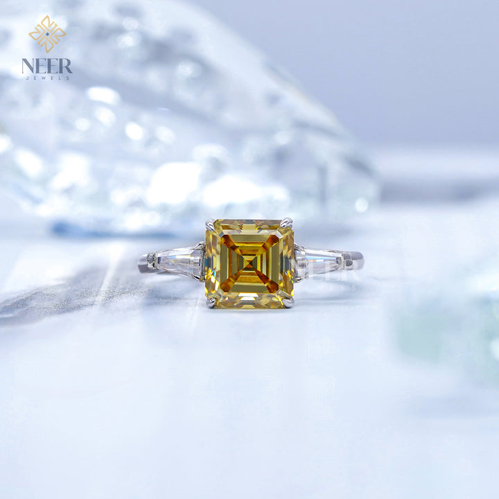 Canary Yellow Step cut Asscher cut Moissanite Engagement Ring for her,Unique Proposal Ring
