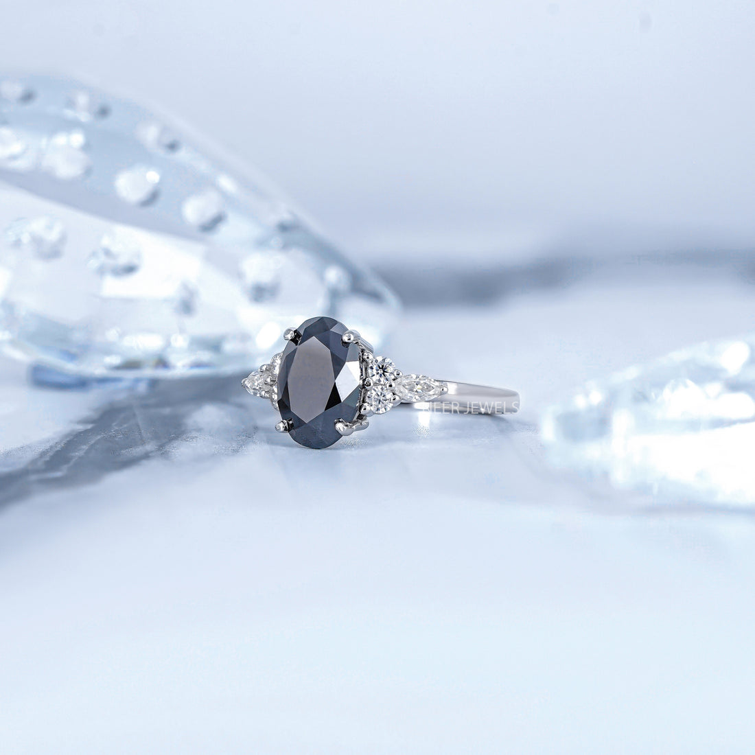 Oval Shape Salt and Pepper Moissanite Engagement Ring