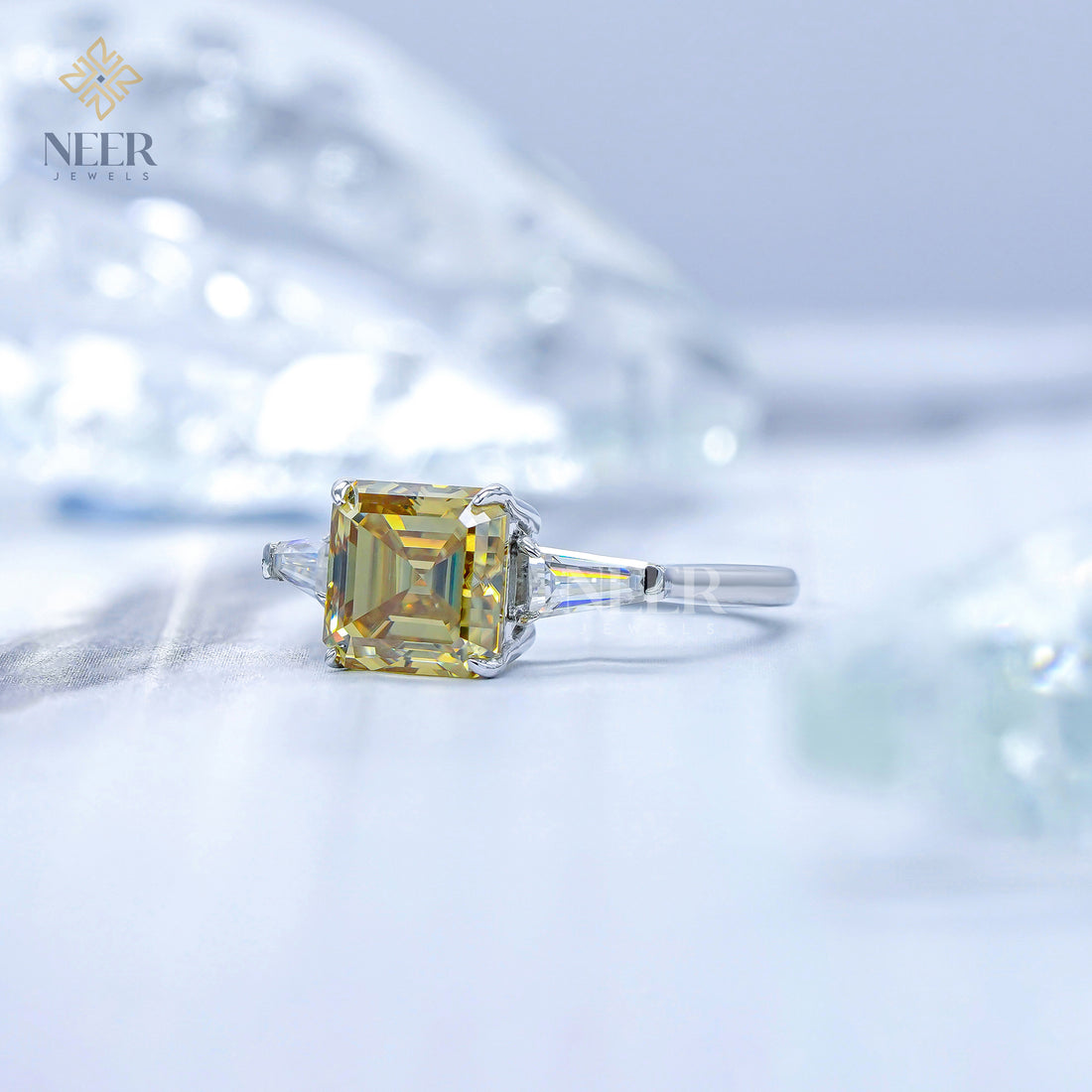 Canary Yellow Step cut Asscher cut Moissanite Engagement Ring for her,Unique Proposal Ring