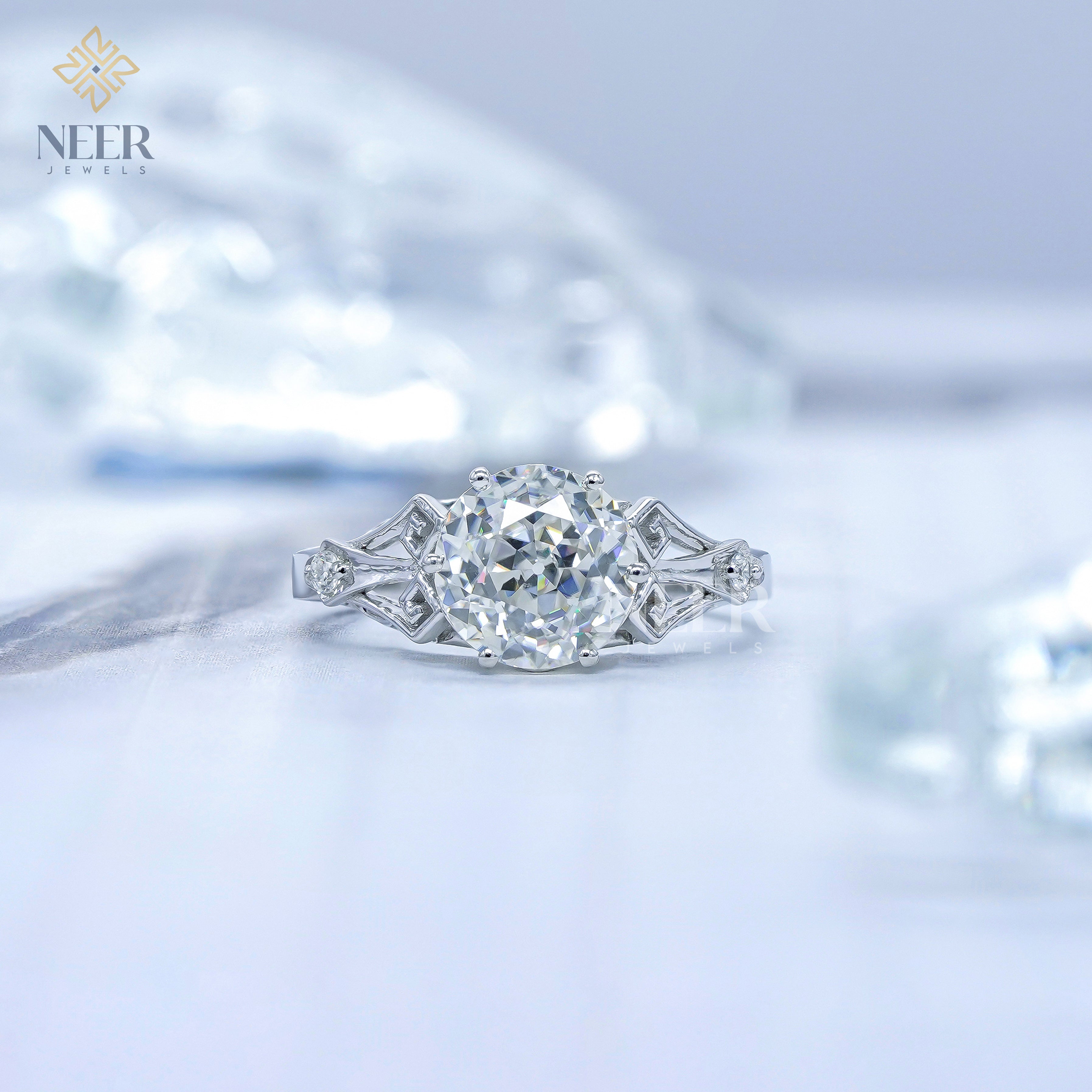 Old European Round cut unique wedding ring,Engagement Ring for her,Anniversary Gift Ring