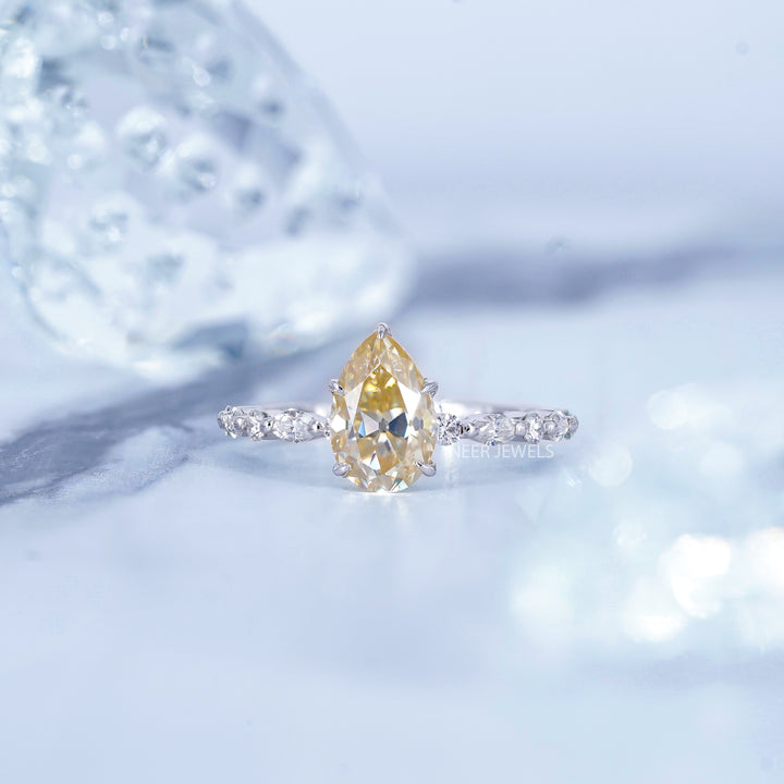 Old European Cut Canary Yellow Pear Shape Moissanite Engagement Ring, Marquise Round Accent Side Stones Wedding Ring