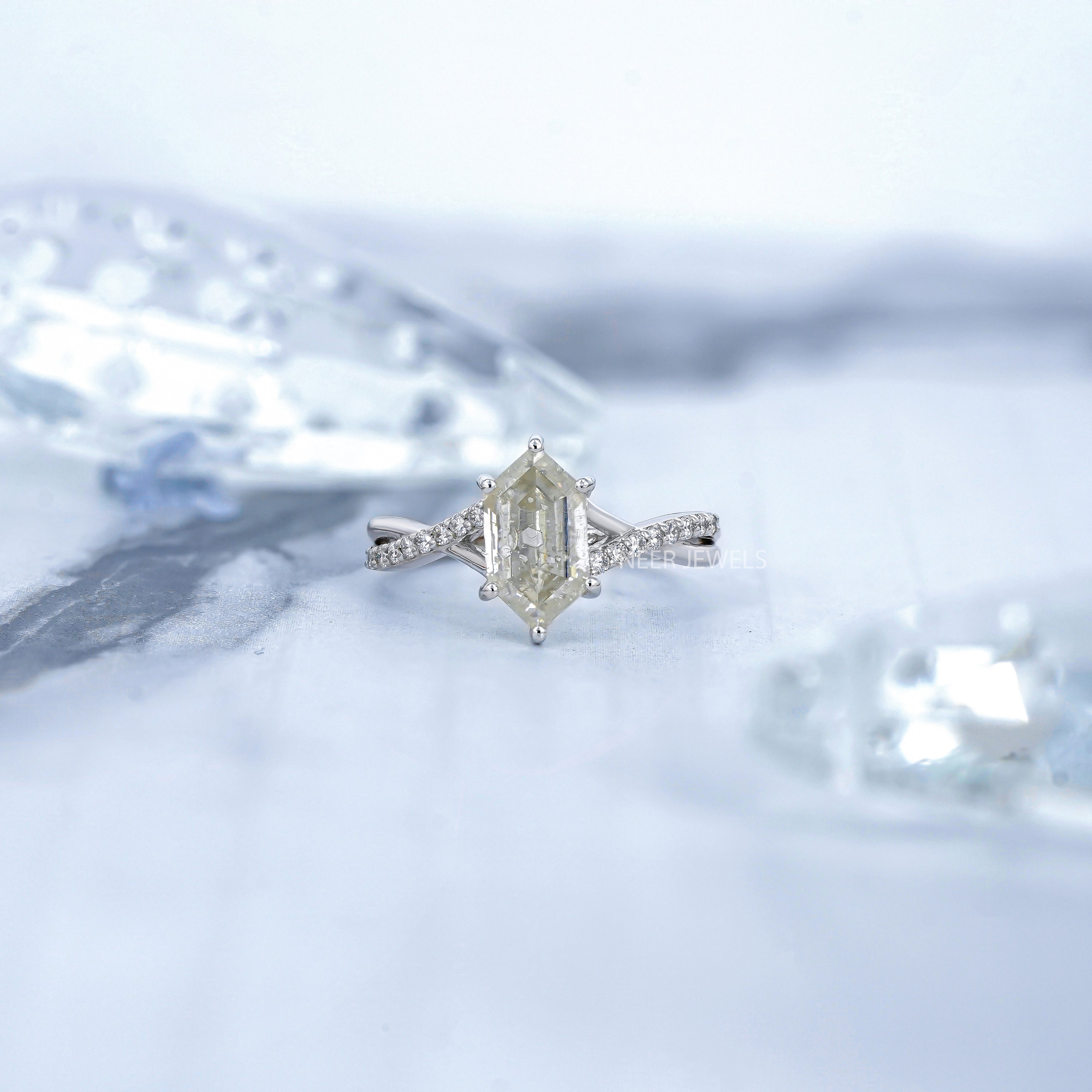 Salt and Pepper Hexagon Shape Engagement Ring