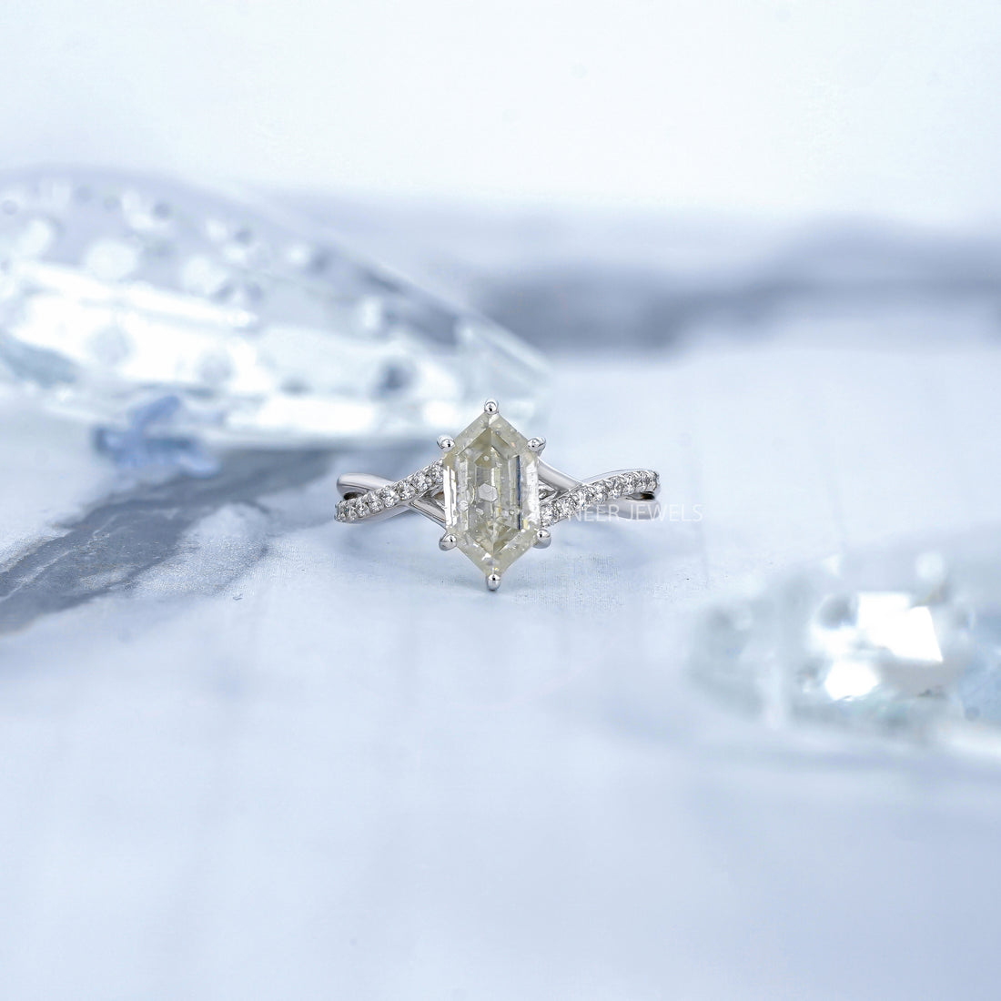 Salt and Pepper Hexagon Shape Engagement Ring