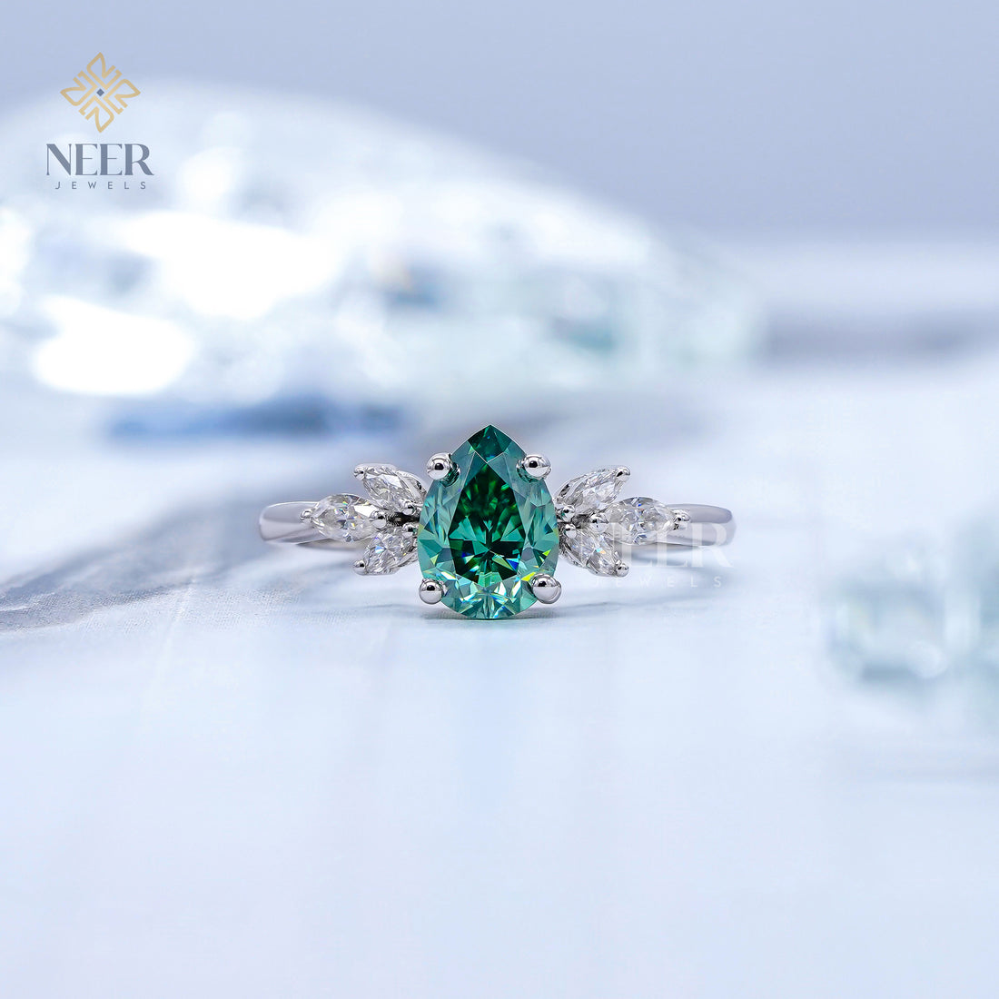 Cyan Blue Pear Moissanite Engagement Ring,Anniversary Gift Ring