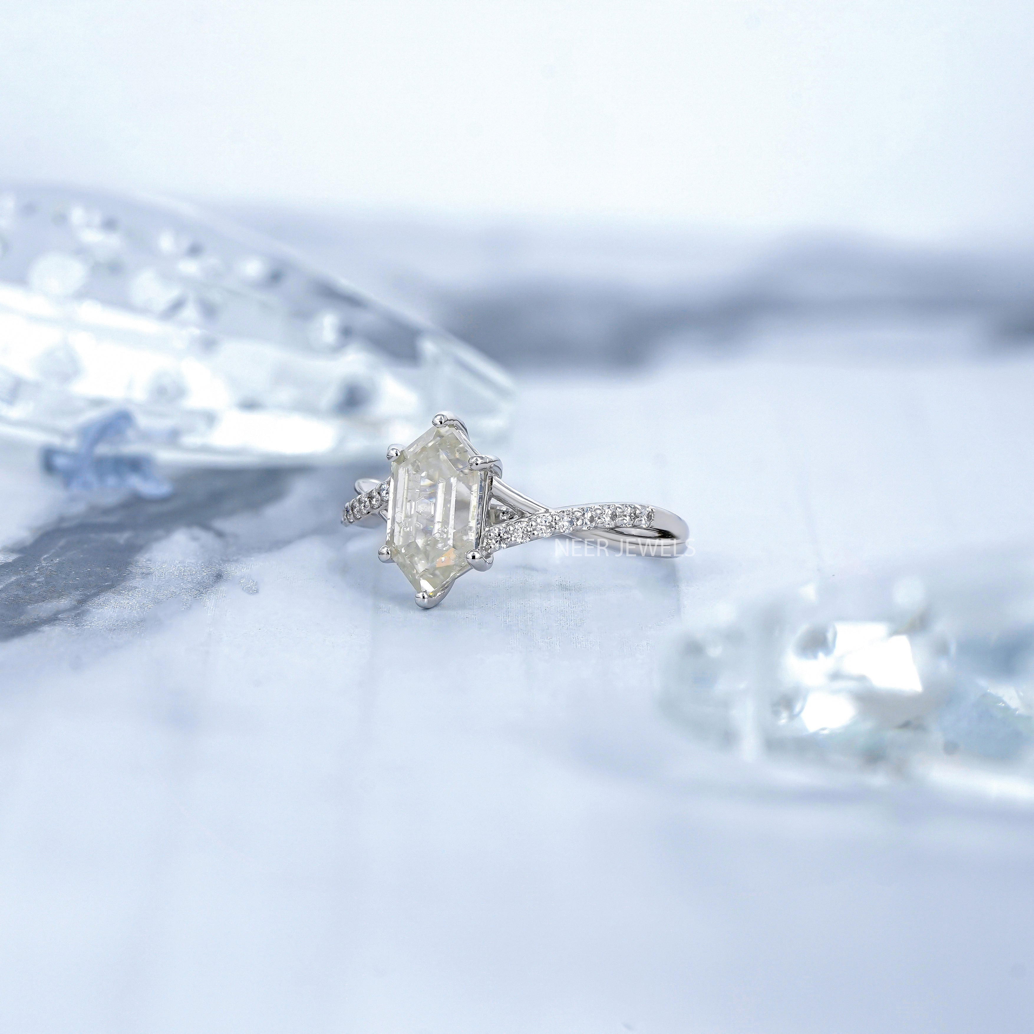 Salt and Pepper Hexagon Shape Engagement Ring