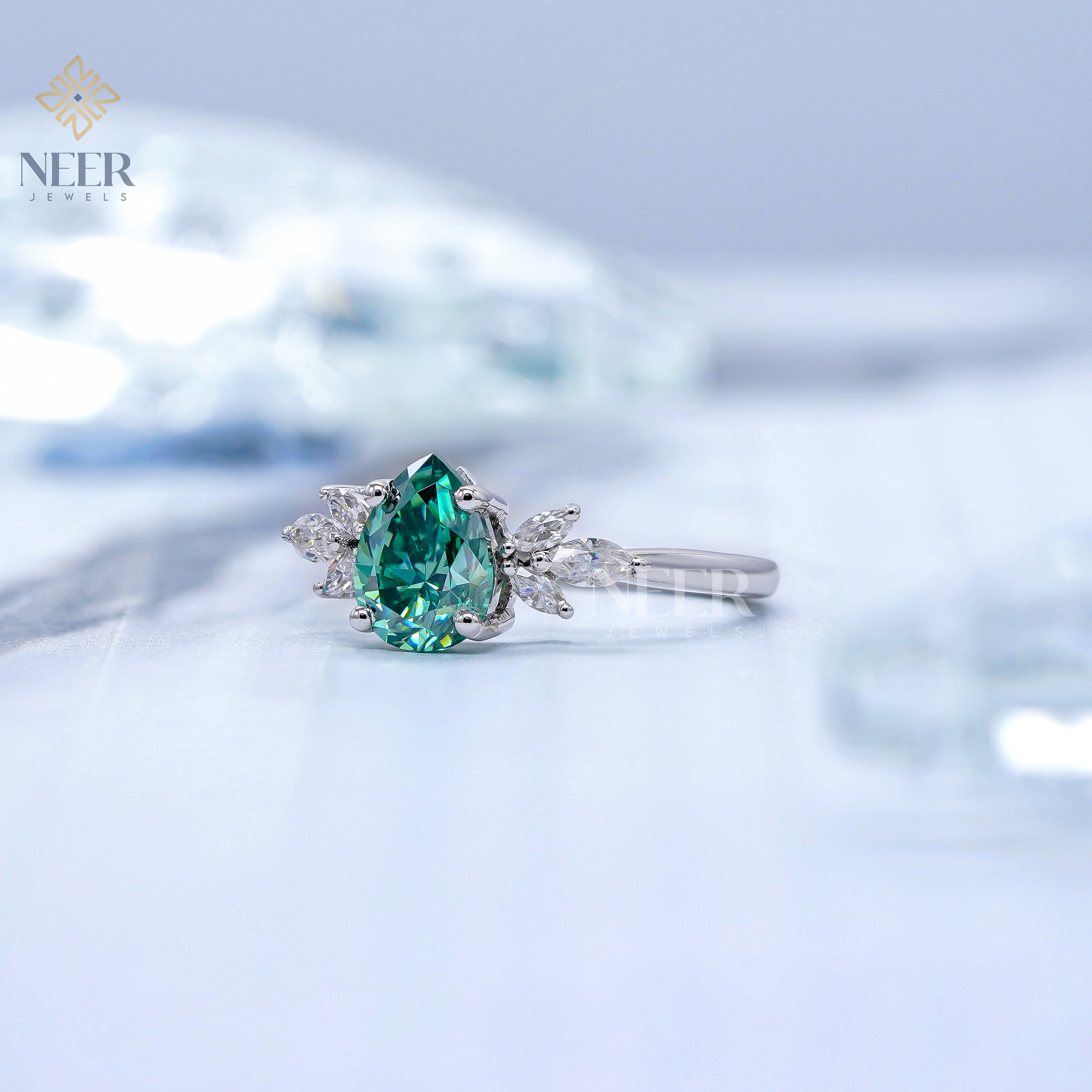 Cyan Blue Pear Moissanite Engagement Ring,Anniversary Gift Ring