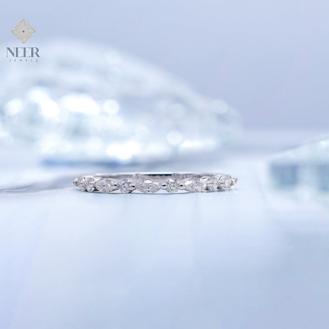 Half Eternity Round and Marquise Wedding Band for her,Anniversary Gift Ring