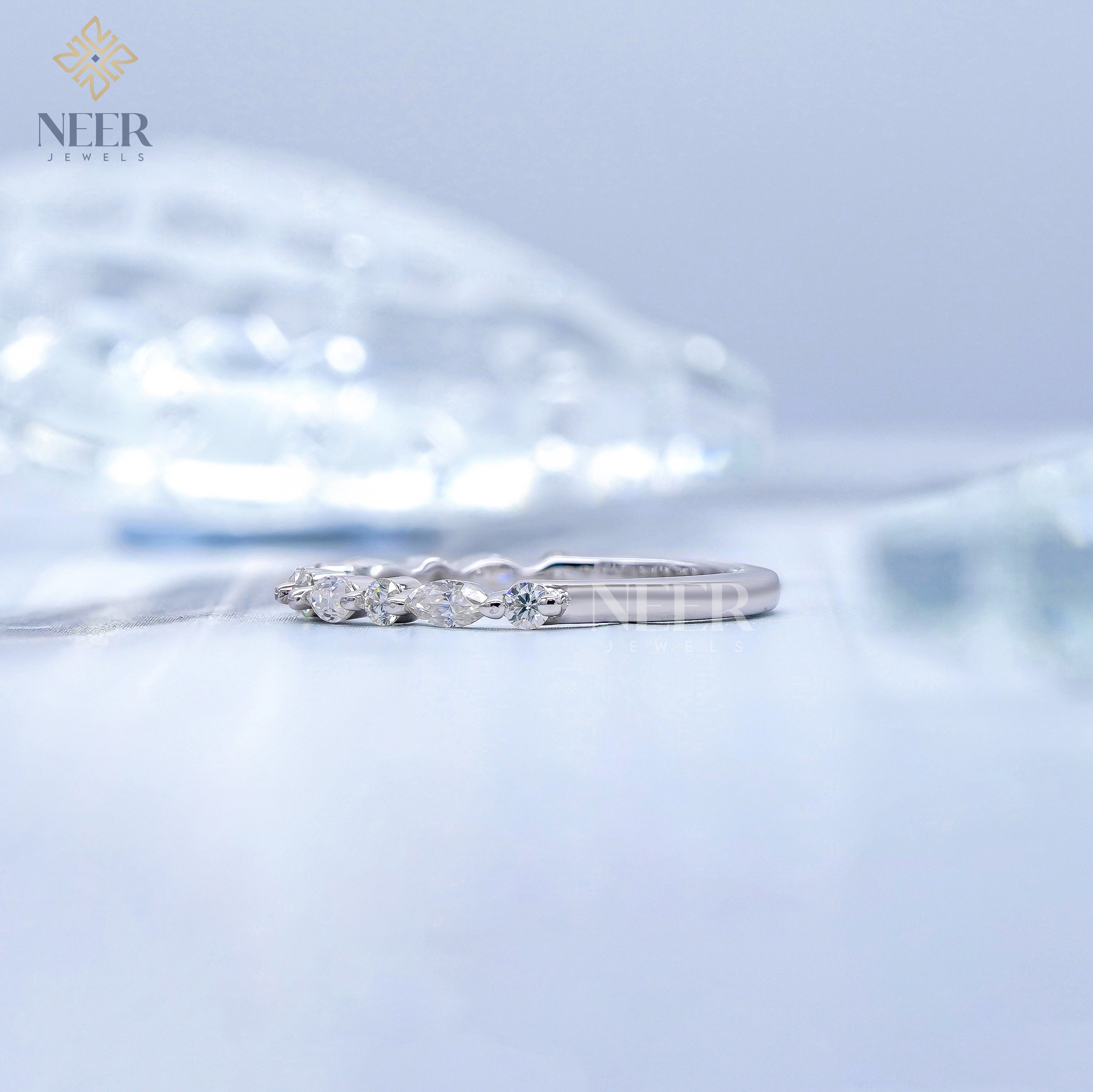 Half Eternity Round and Marquise Wedding Band for her,Anniversary Gift Ring