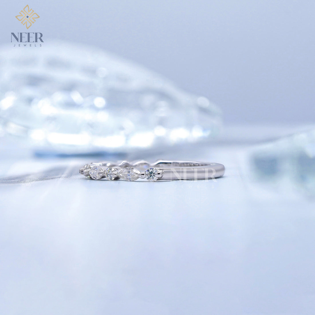 Half Eternity Round and Marquise Wedding Band for her,Anniversary Gift Ring