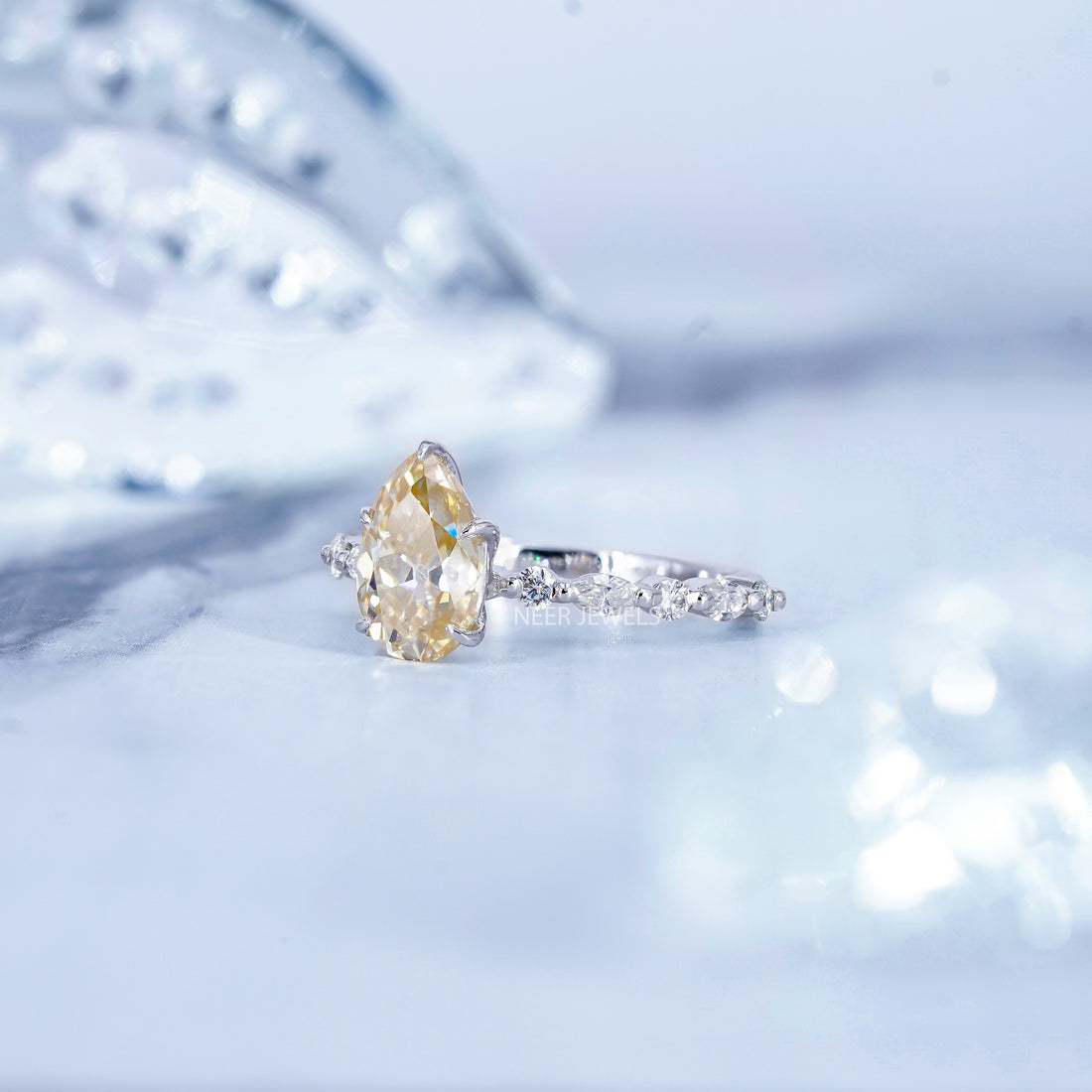 Old European Cut Canary Yellow Pear Shape Moissanite Engagement Ring, Marquise Round Accent Side Stones Wedding Ring