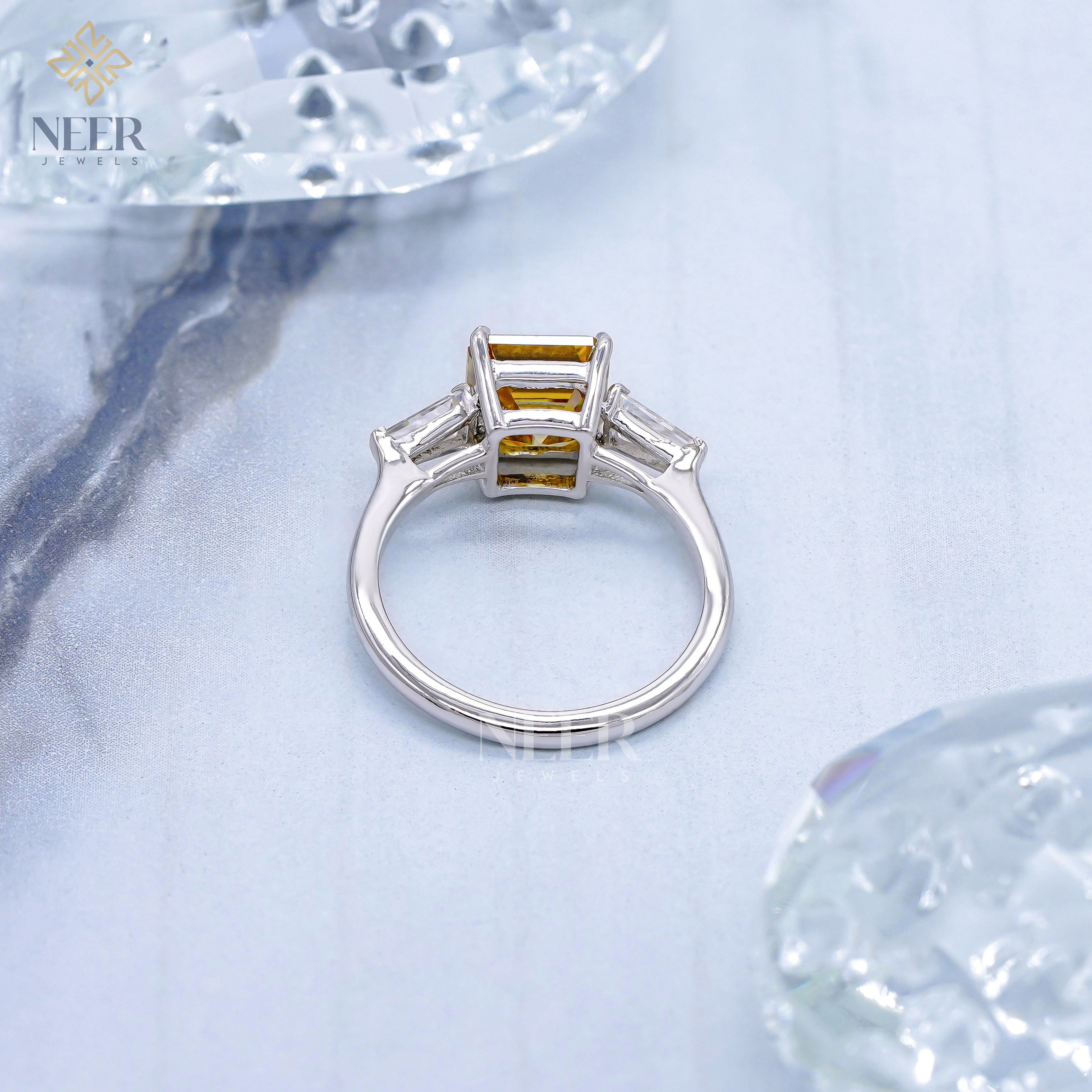 Canary Yellow Step cut Asscher cut Moissanite Engagement Ring for her,Unique Proposal Ring