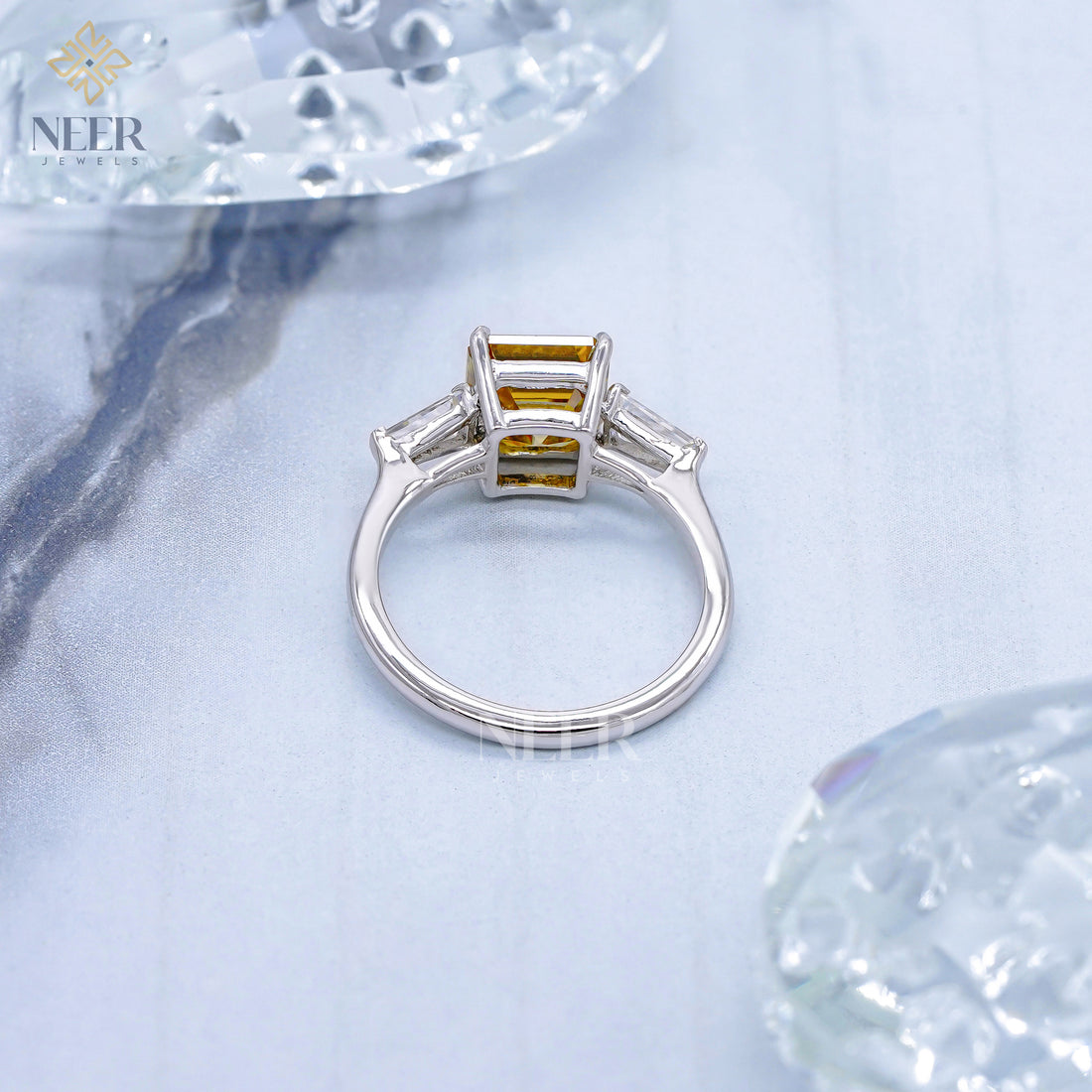 Canary Yellow Step cut Asscher cut Moissanite Engagement Ring for her,Unique Proposal Ring
