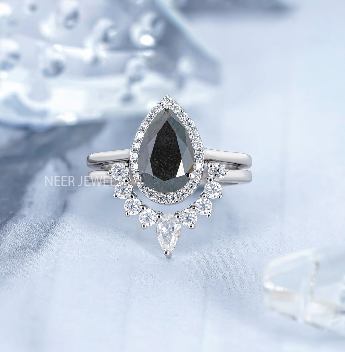 Salt and Pepper Pear Shape Moissanite Engagement Ring Set