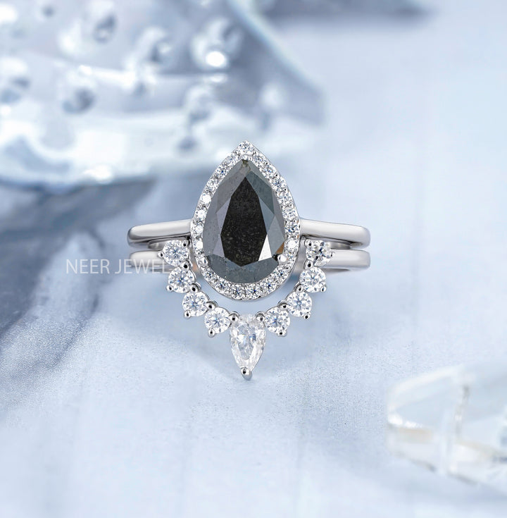 Salt and Pepper Pear Shape Moissanite Engagement Ring Set