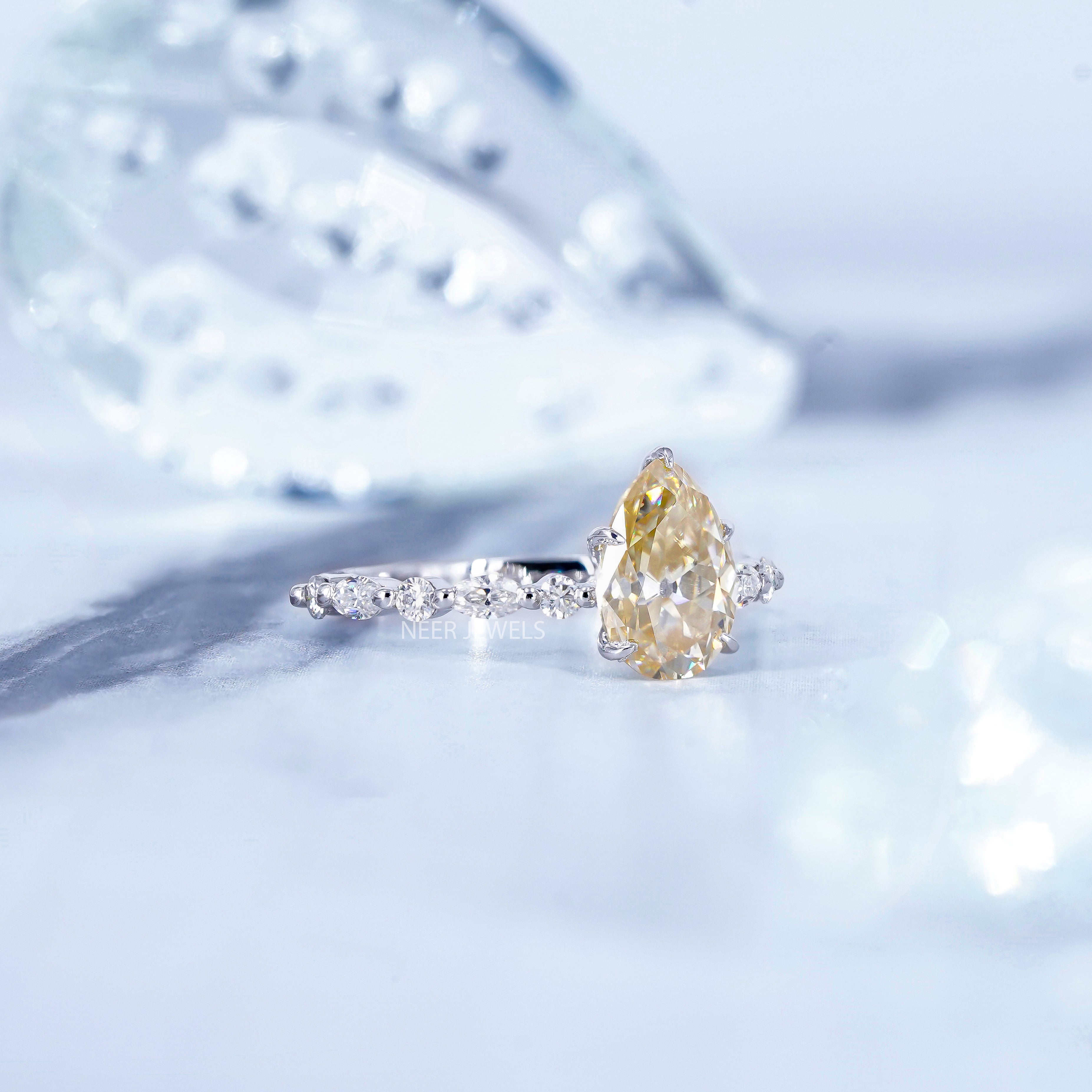 Old European Cut Canary Yellow Pear Shape Moissanite Engagement Ring, Marquise Round Accent Side Stones Wedding Ring