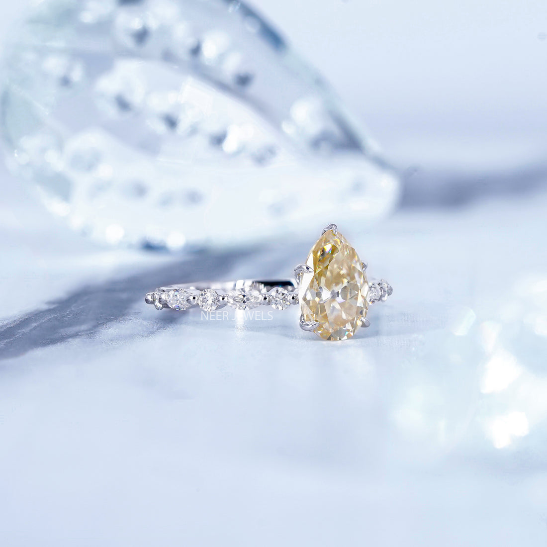 Old European Cut Canary Yellow Pear Shape Moissanite Engagement Ring, Marquise Round Accent Side Stones Wedding Ring