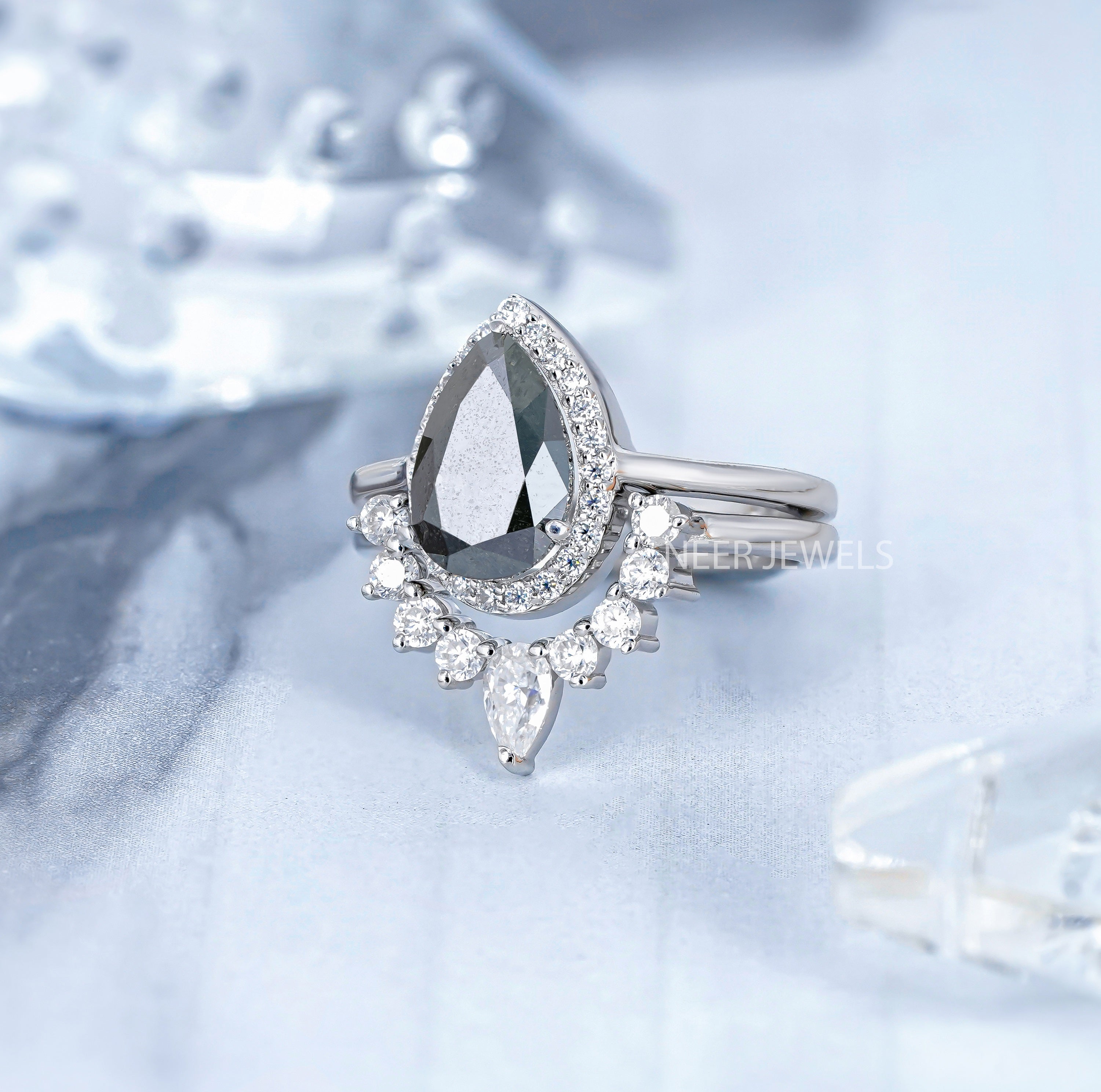 Salt and Pepper Pear Shape Moissanite Engagement Ring Set
