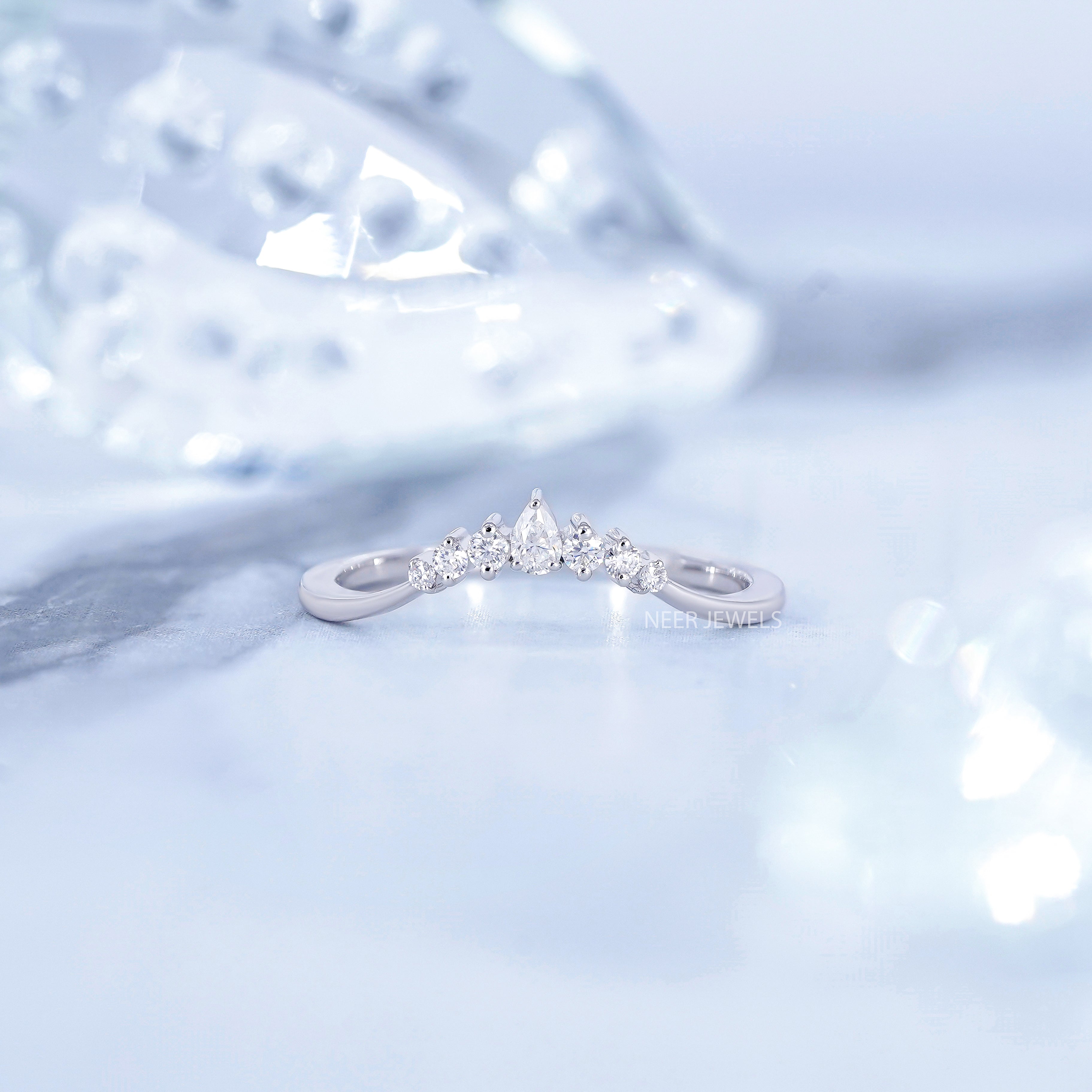 Moissanite Chevron Wedding band,Curved Stacking Wishbone Ring