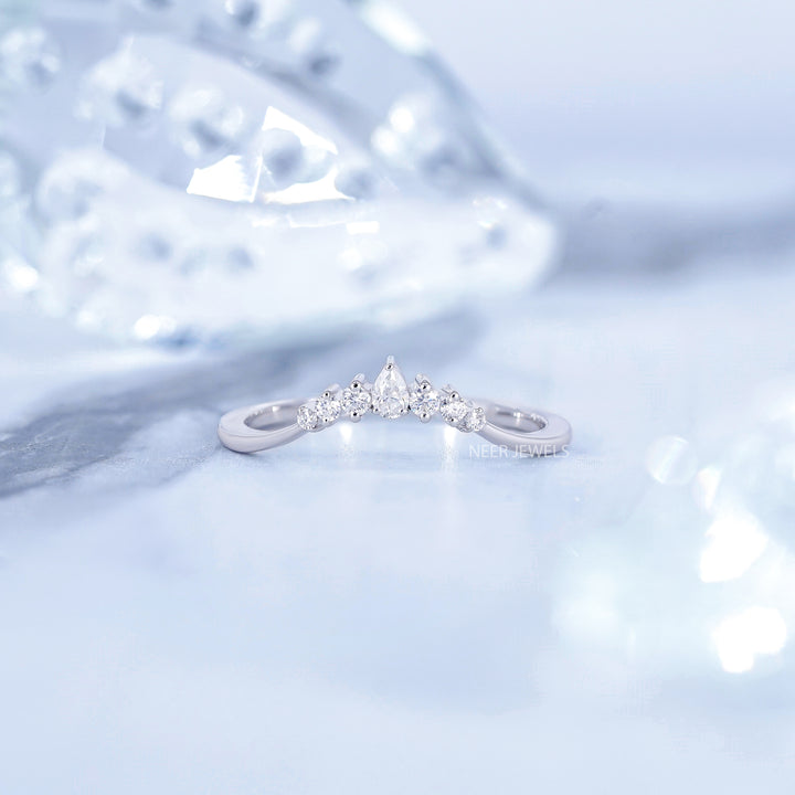 Moissanite Chevron Wedding band,Curved Stacking Wishbone Ring