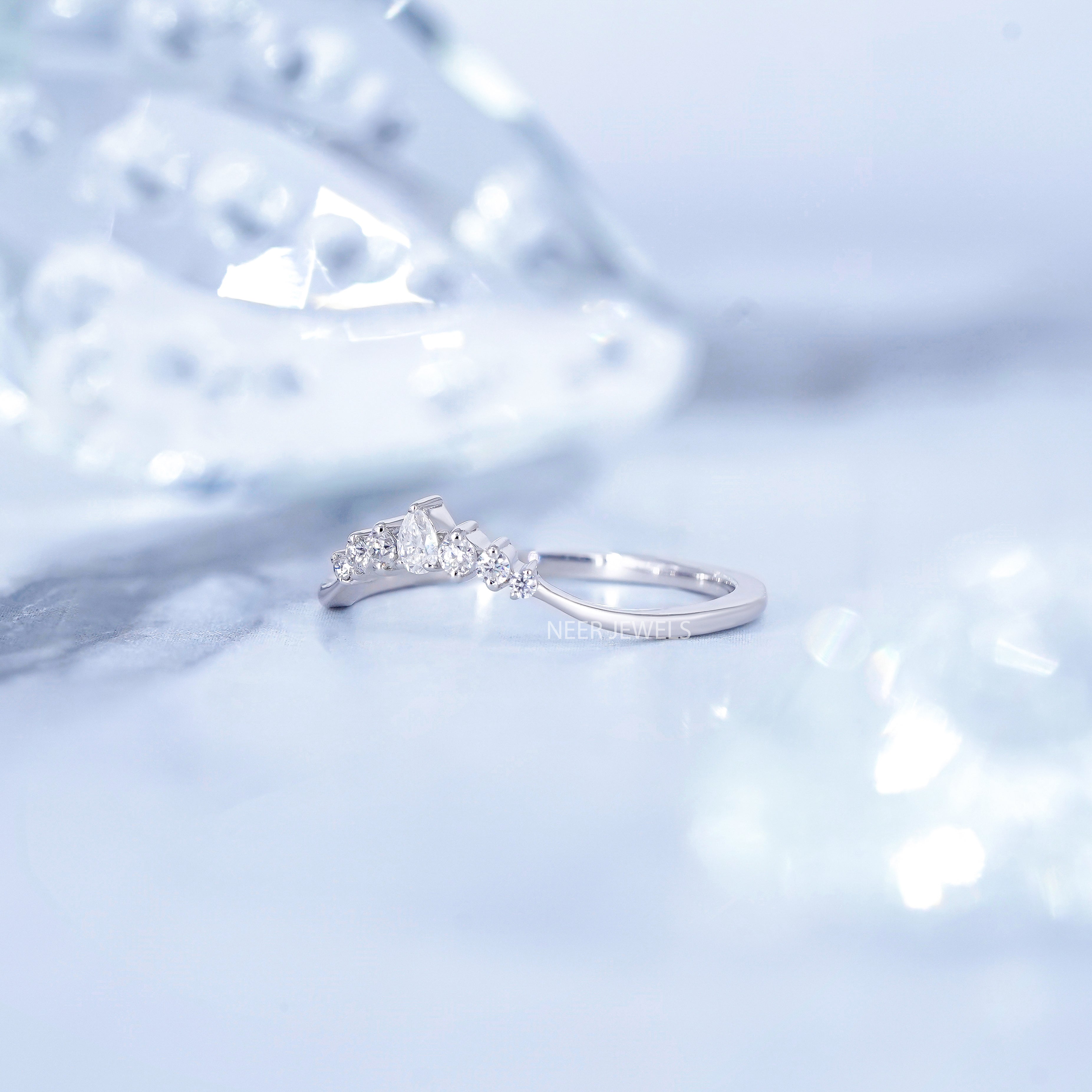 Moissanite Chevron Wedding band,Curved Stacking Wishbone Ring