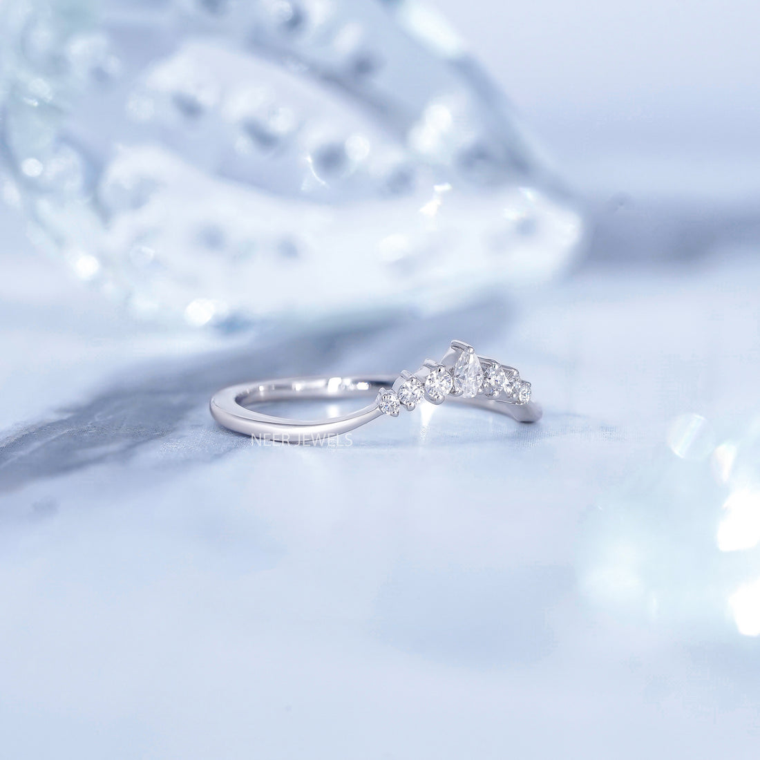 Moissanite Chevron Wedding band,Curved Stacking Wishbone Ring