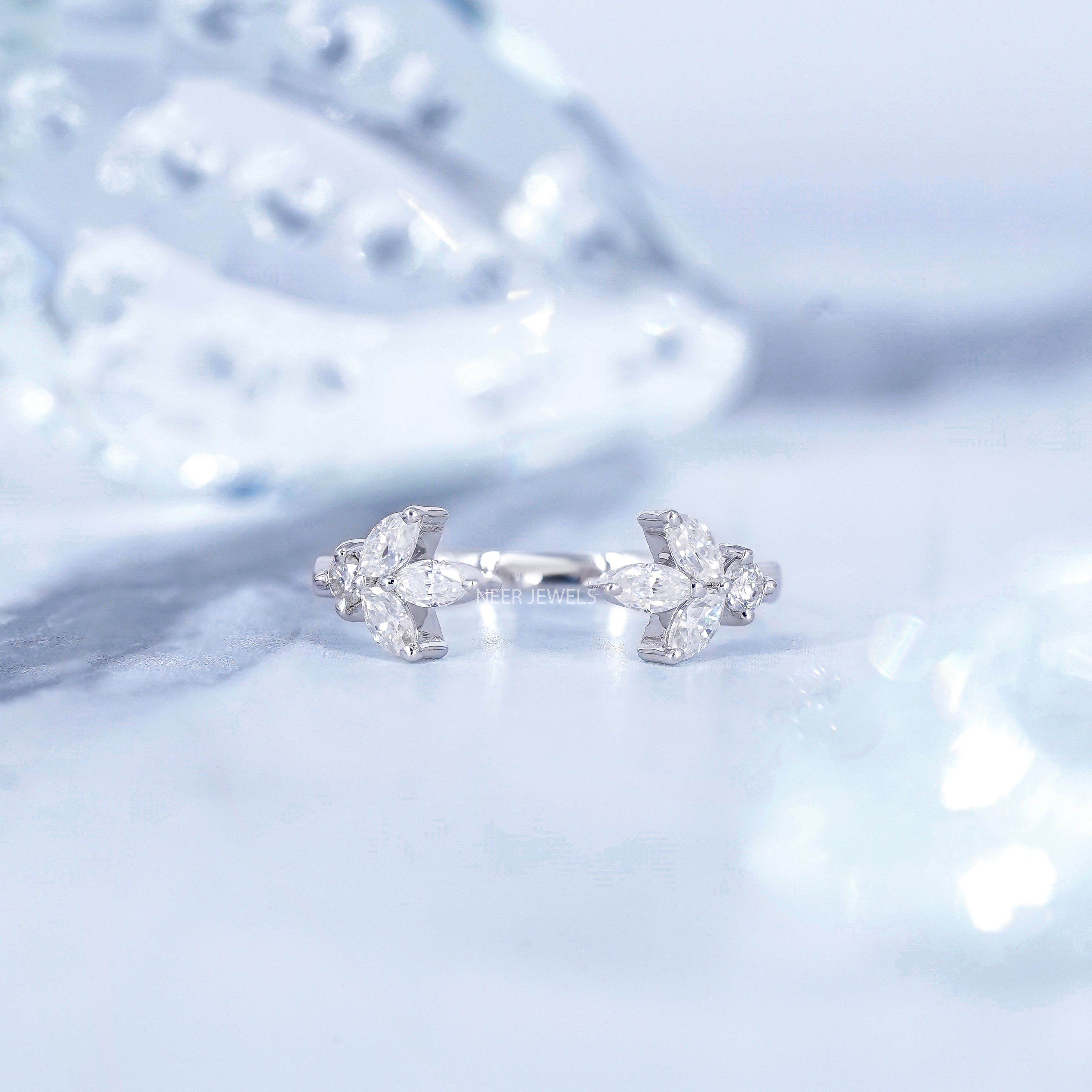 Minimalist Open Gap Round and Marquise Moissanite Wedding Band