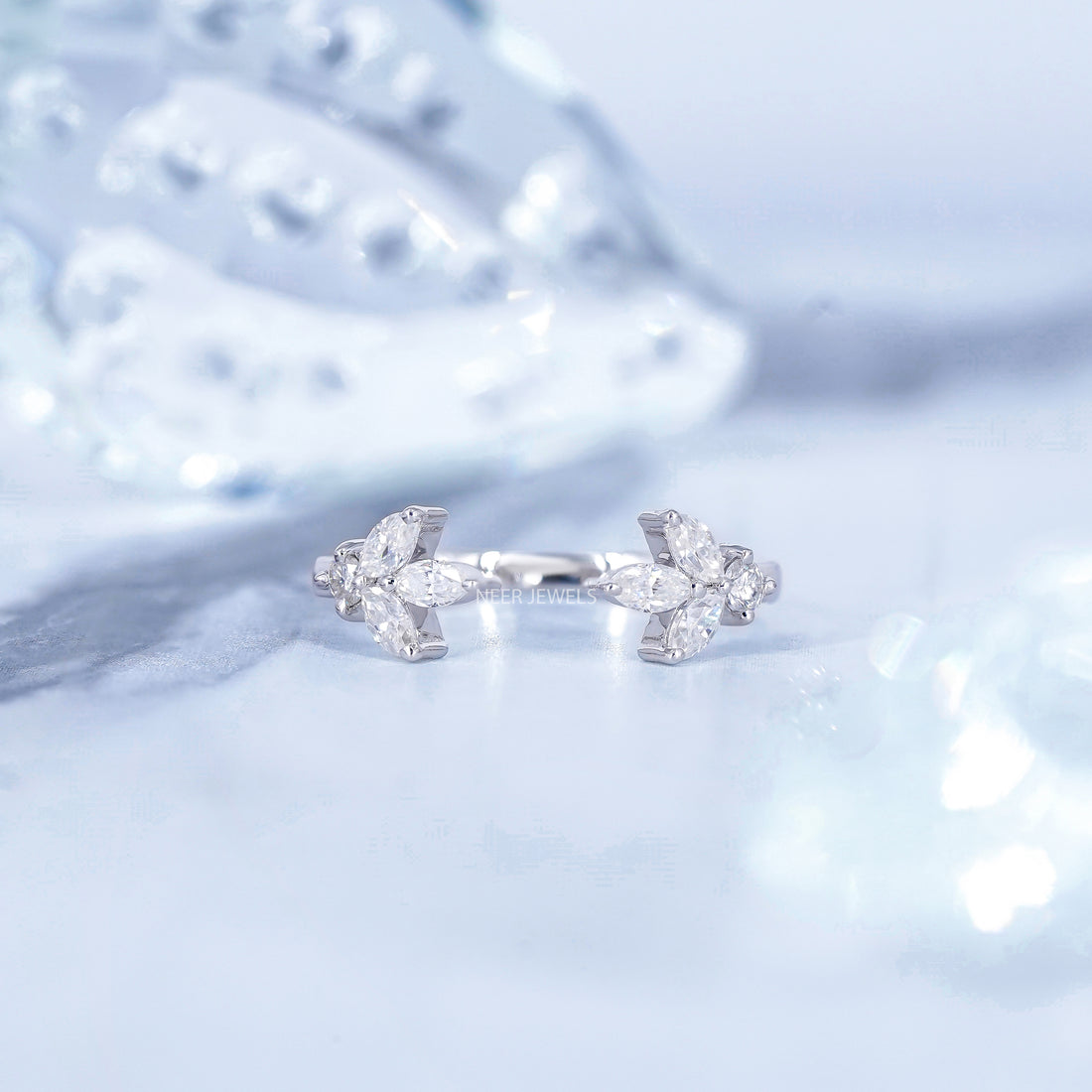 Minimalist Open Gap Round and Marquise Moissanite Wedding Band