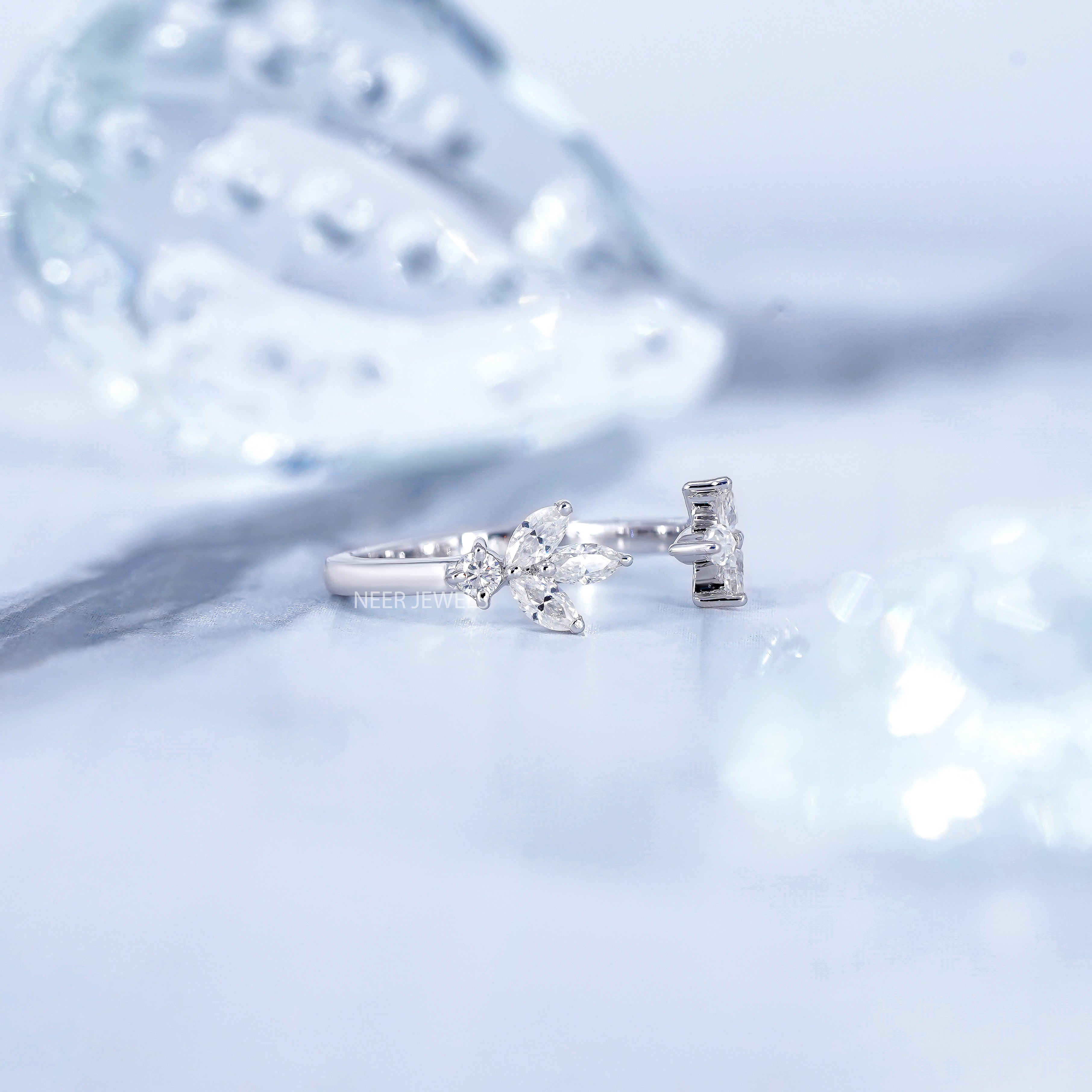 Minimalist Open Gap Round and Marquise Moissanite Wedding Band