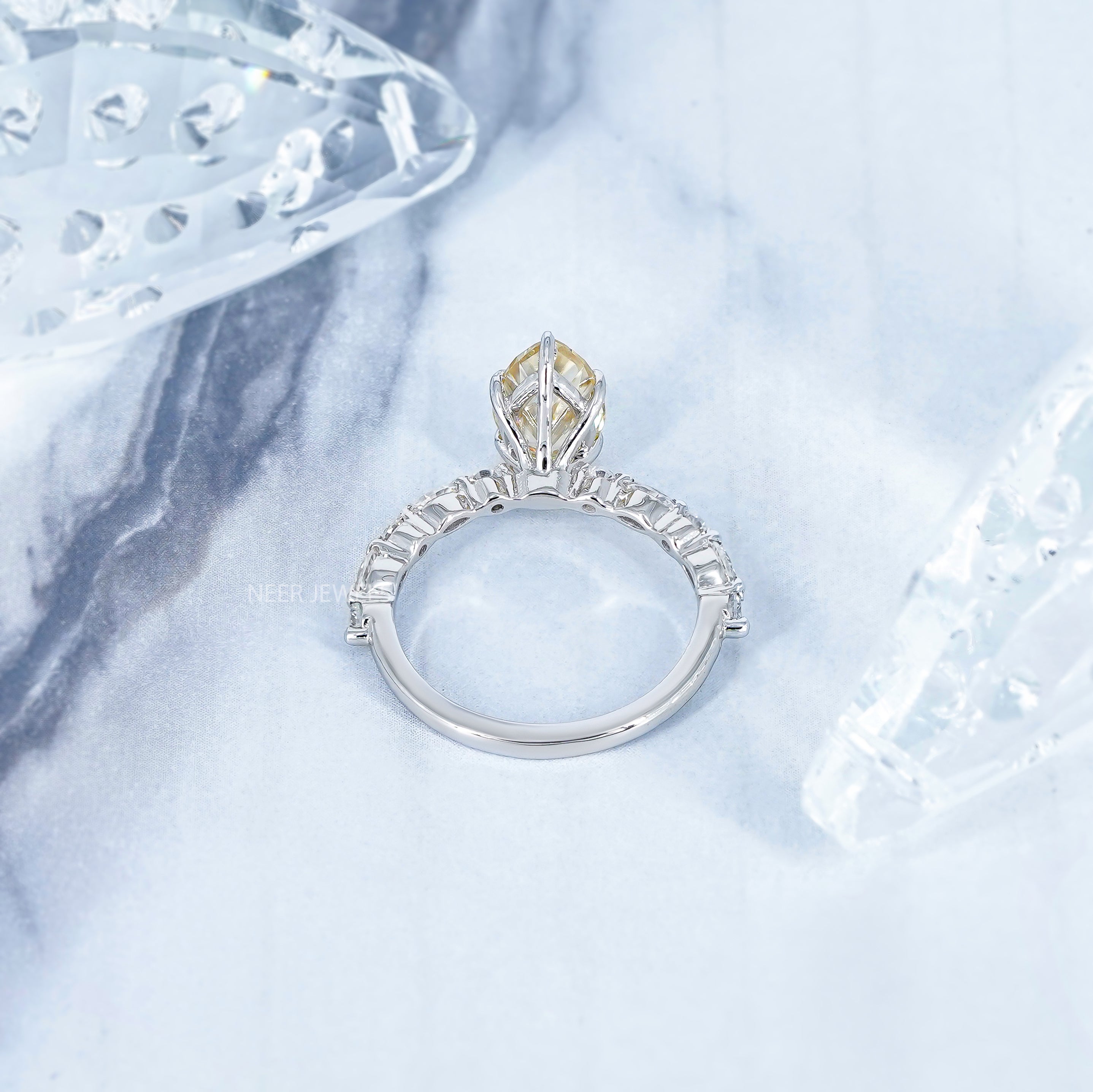 Old European Cut Canary Yellow Pear Shape Moissanite Engagement Ring, Marquise Round Accent Side Stones Wedding Ring