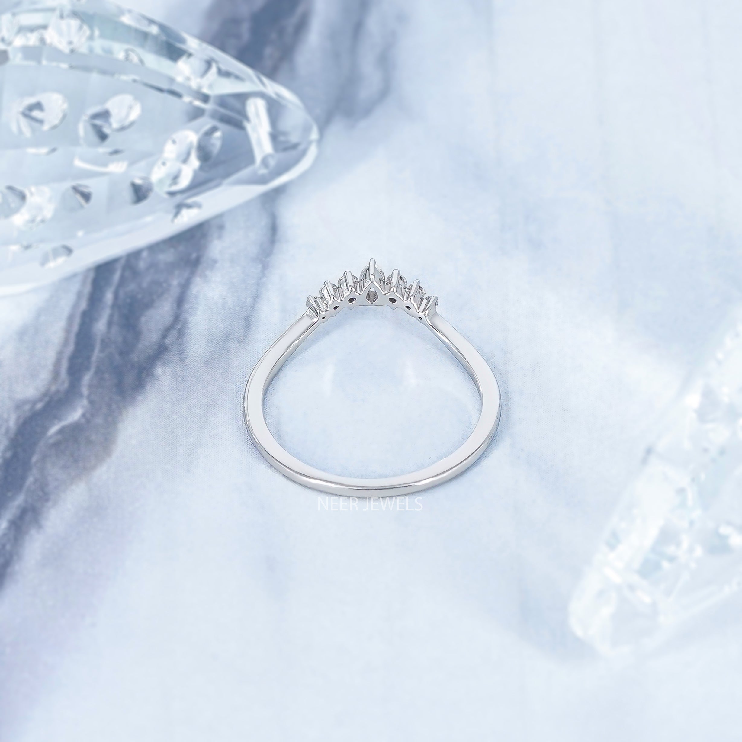 Moissanite Chevron Wedding band,Curved Stacking Wishbone Ring