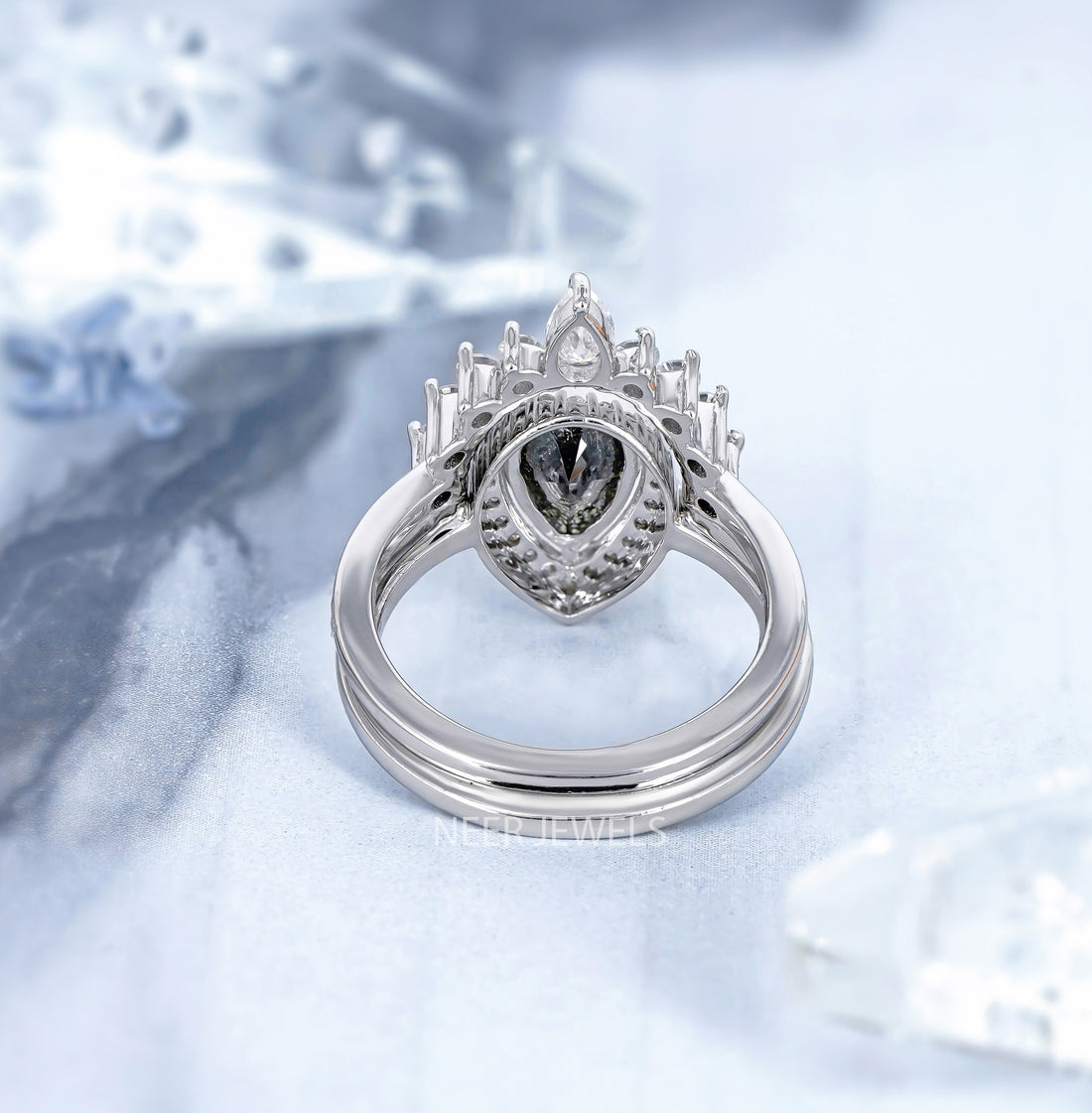 Salt and Pepper Pear Shape Moissanite Engagement Ring Set