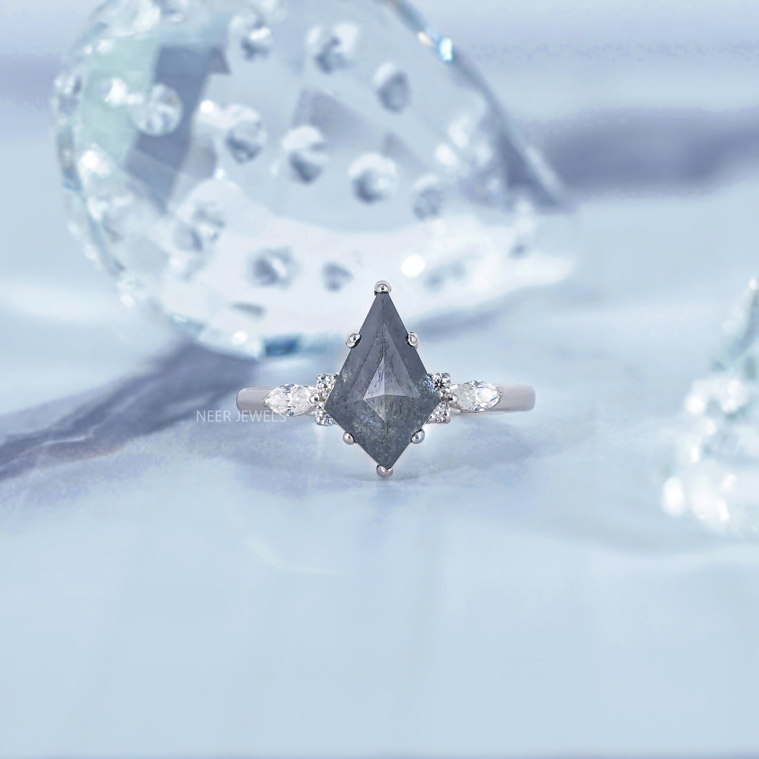 Kite Shape Salt and Pepper Ring Moissanite Engagement Ring