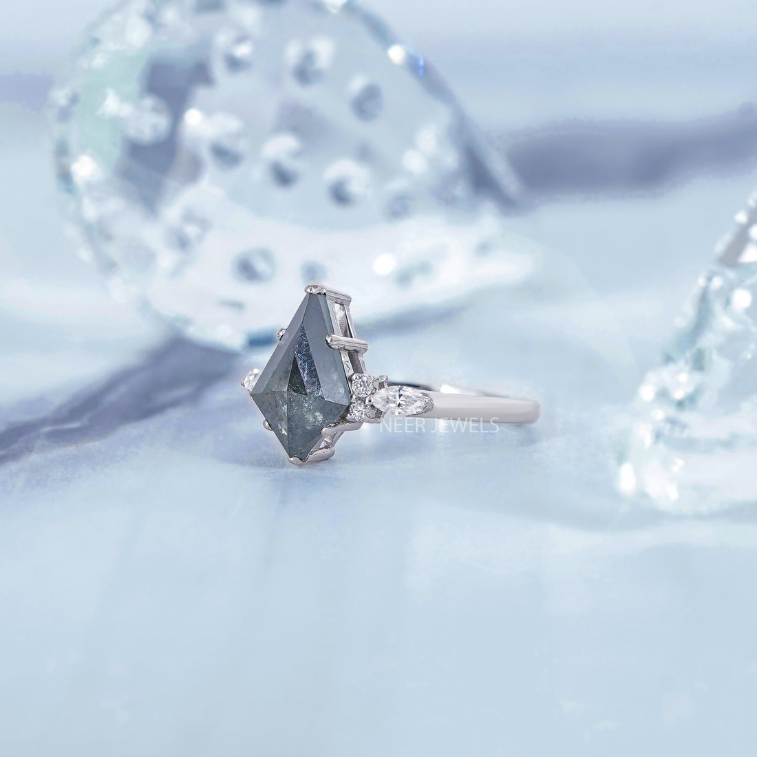 Kite Shape Salt and Pepper Ring Moissanite Engagement Ring