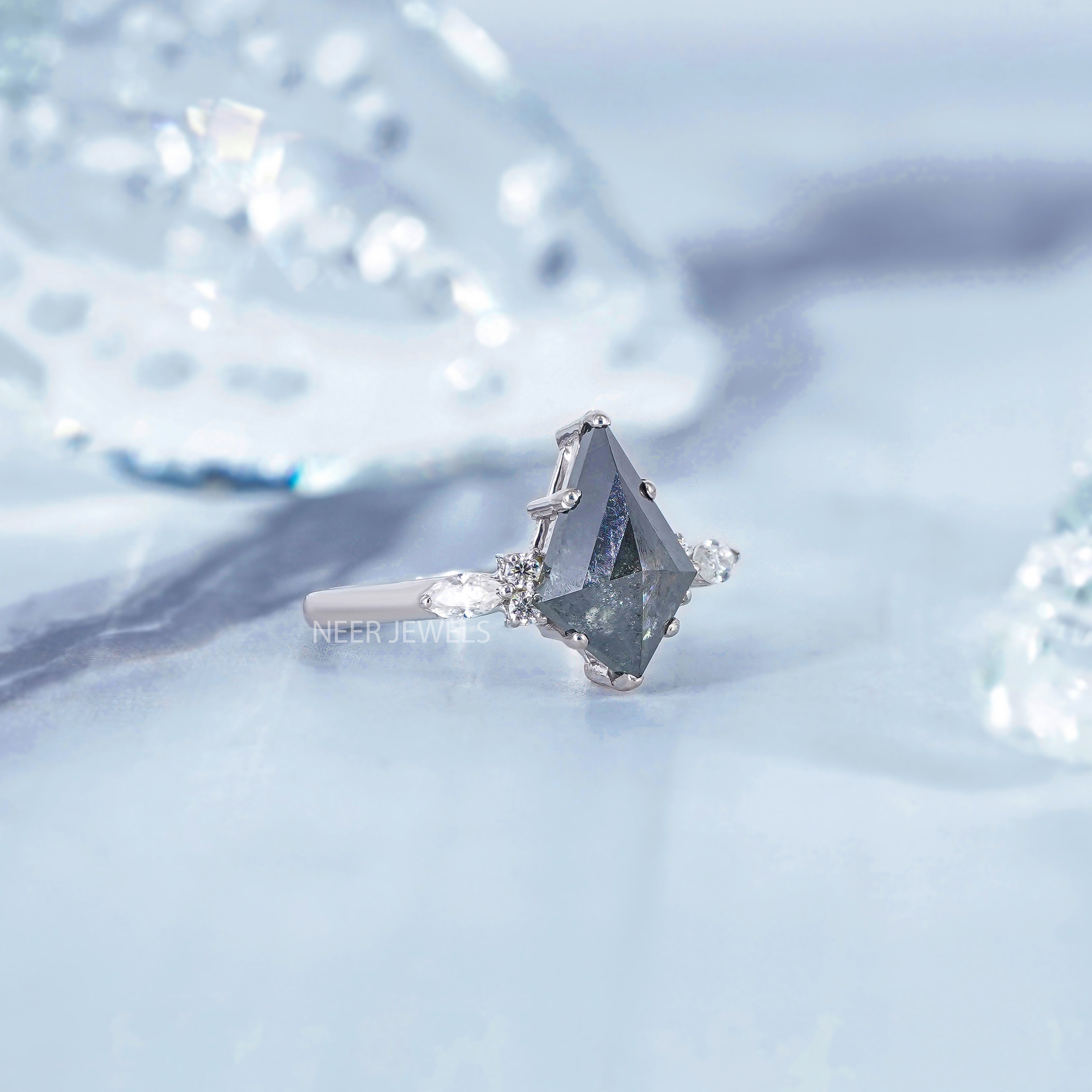 Kite Shape Salt and Pepper Ring Moissanite Engagement Ring