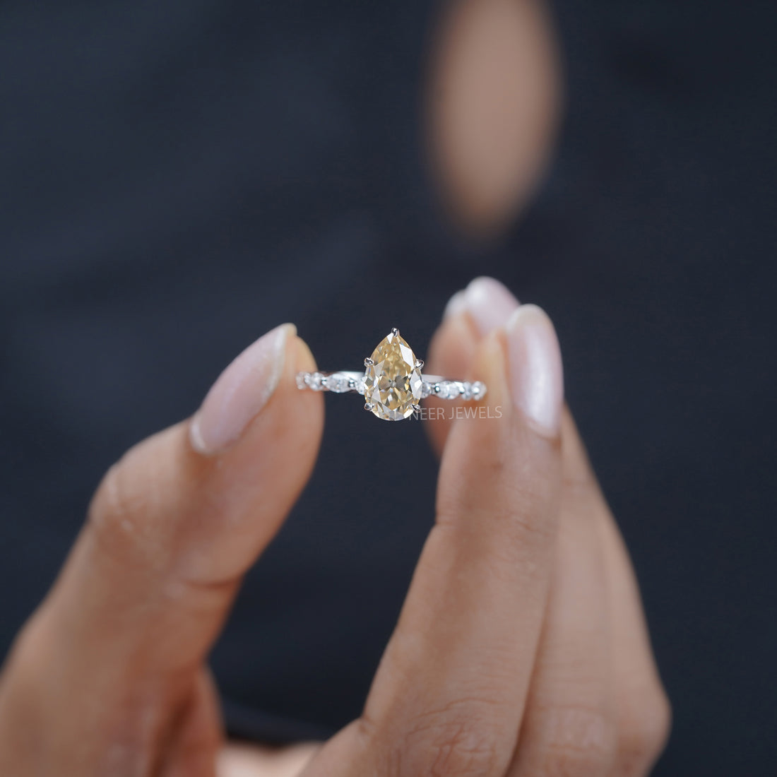 Old European Cut Canary Yellow Pear Shape Moissanite Engagement Ring, Marquise Round Accent Side Stones Wedding Ring