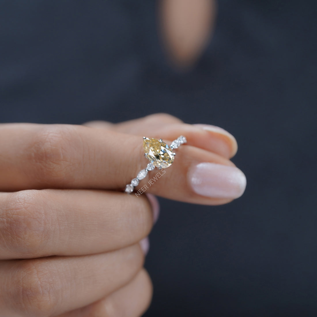 Old European Cut Canary Yellow Pear Shape Moissanite Engagement Ring, Marquise Round Accent Side Stones Wedding Ring