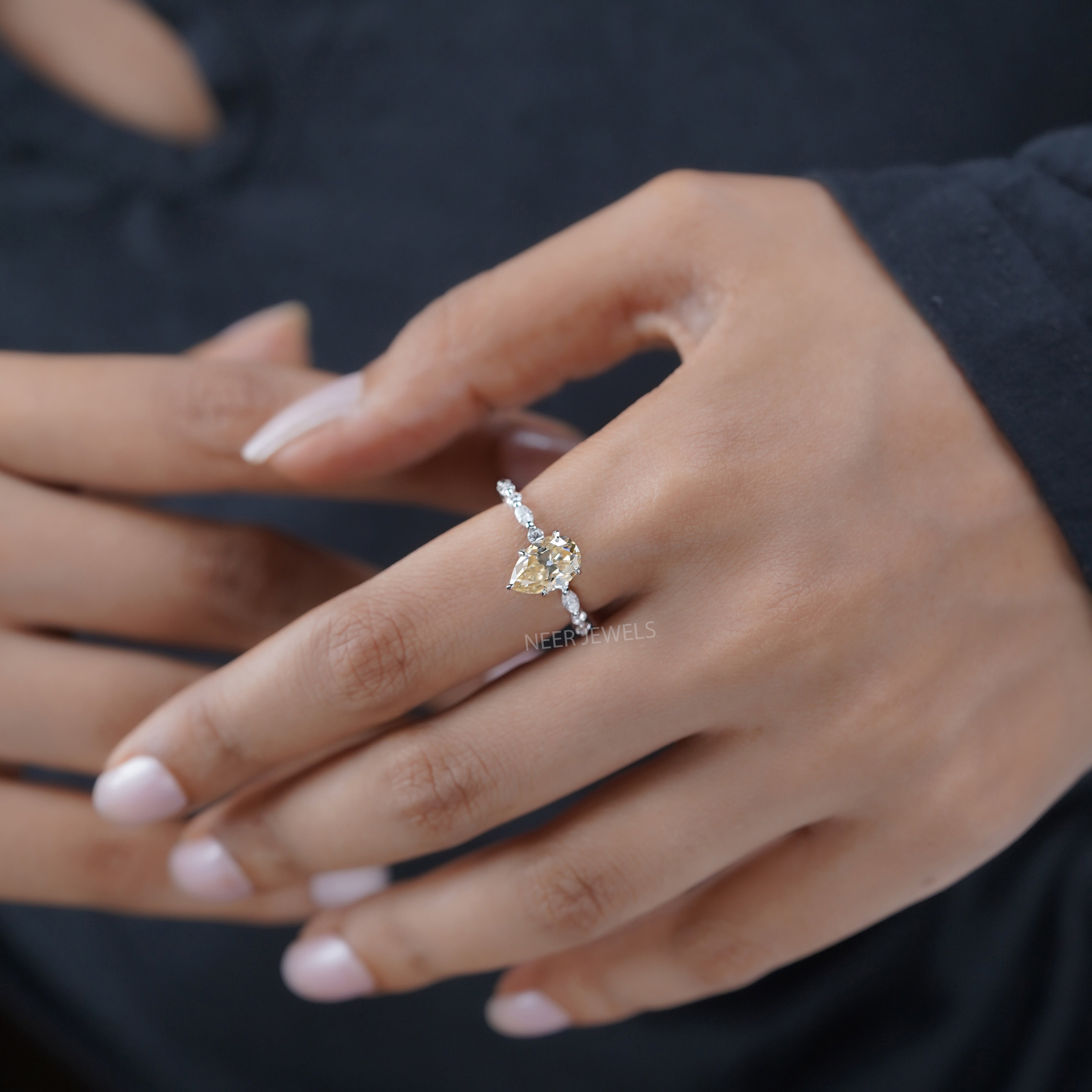 Old European Cut Canary Yellow Pear Shape Moissanite Engagement Ring, Marquise Round Accent Side Stones Wedding Ring