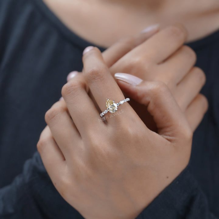 Old European Cut Canary Yellow Pear Shape Moissanite Engagement Ring, Marquise Round Accent Side Stones Wedding Ring