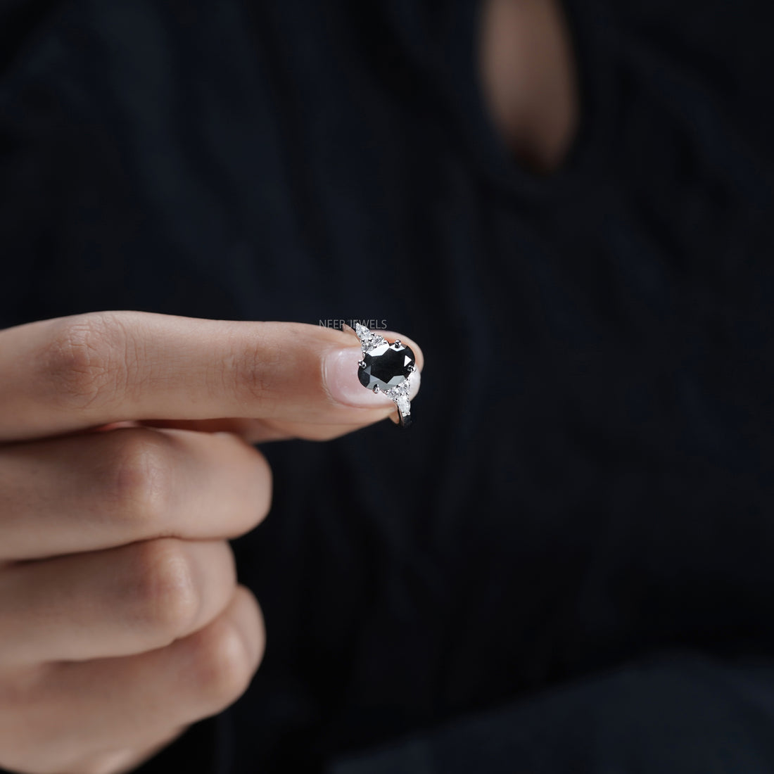 Oval Shape Salt and Pepper Moissanite Engagement Ring