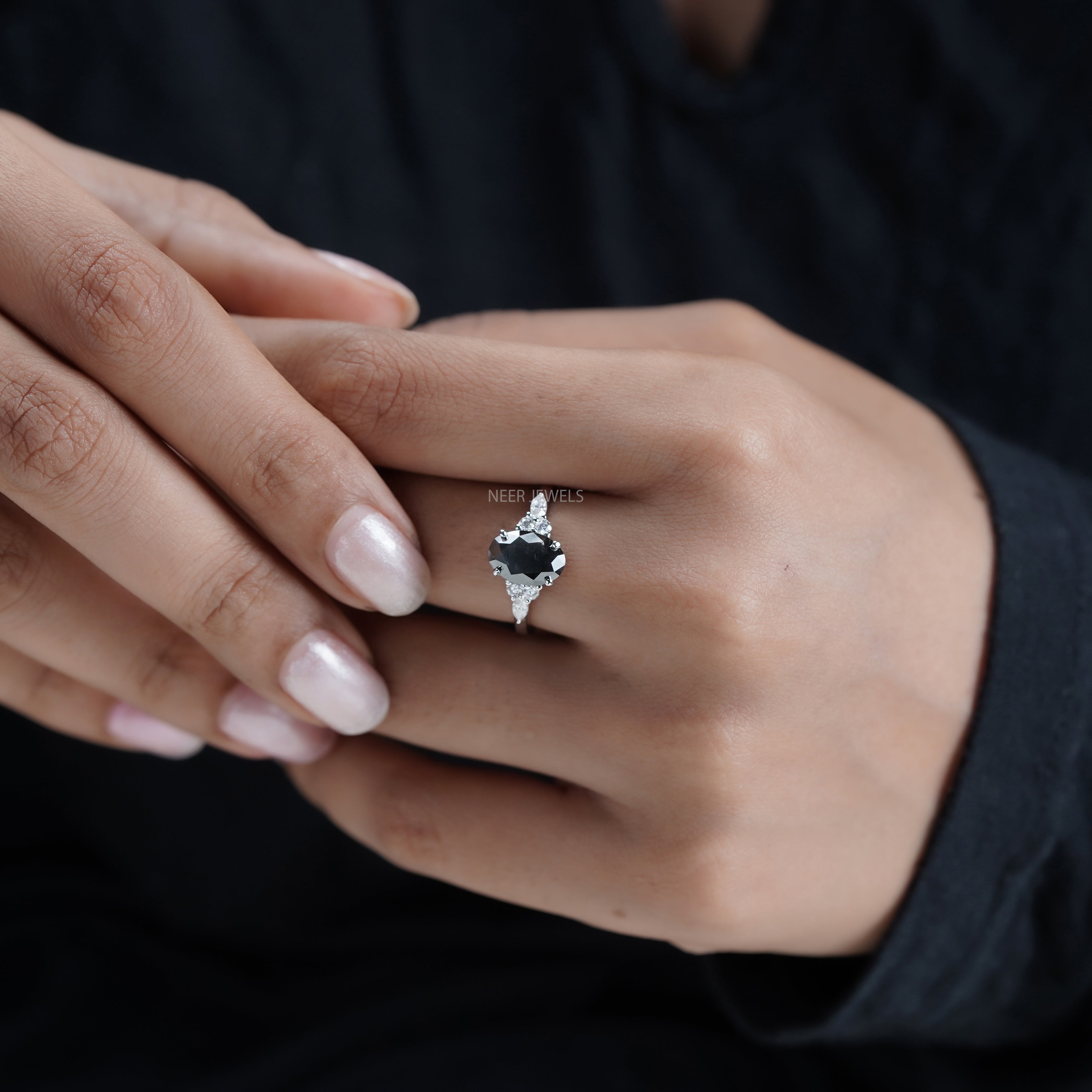 Oval Shape Salt and Pepper Moissanite Engagement Ring