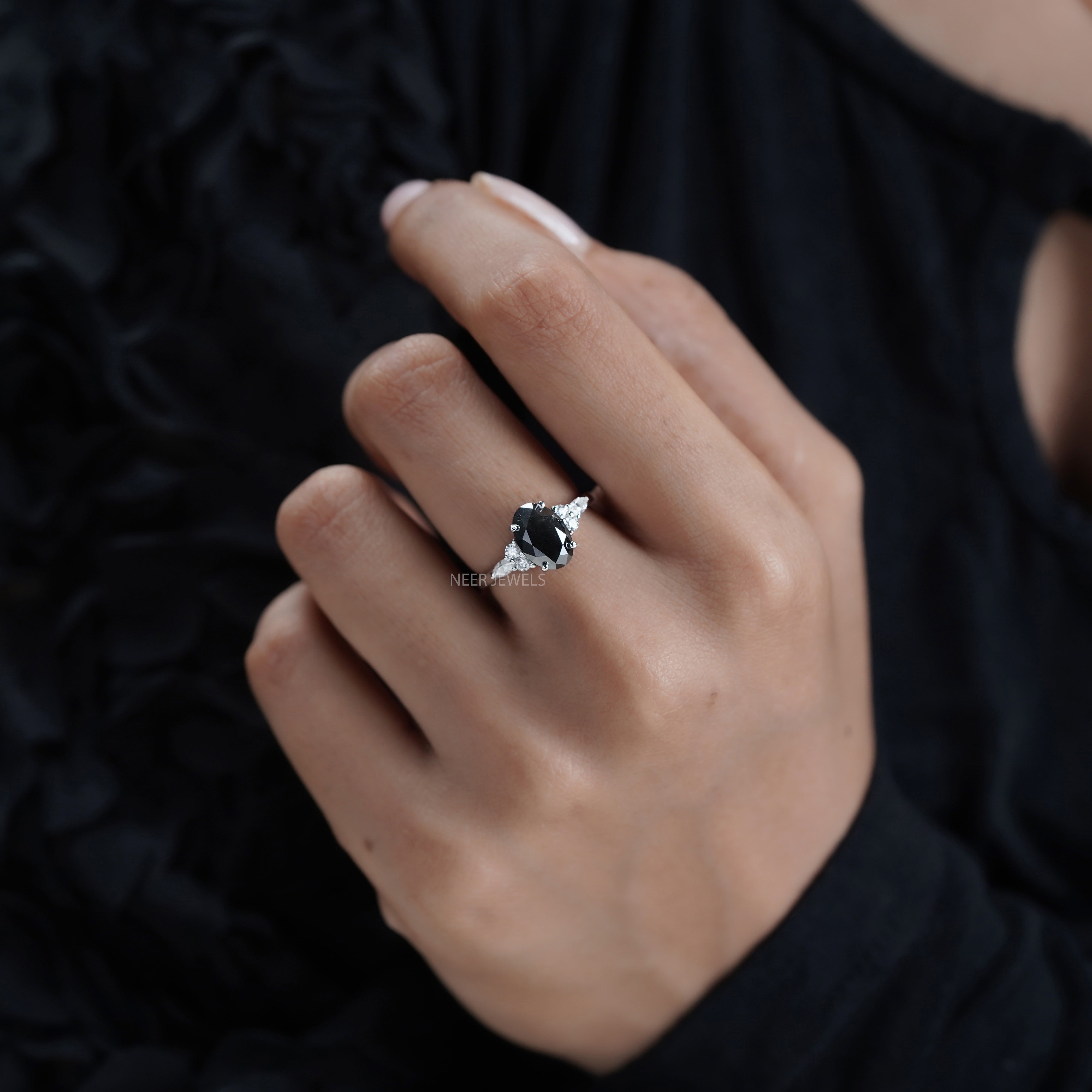 Oval Shape Salt and Pepper Moissanite Engagement Ring