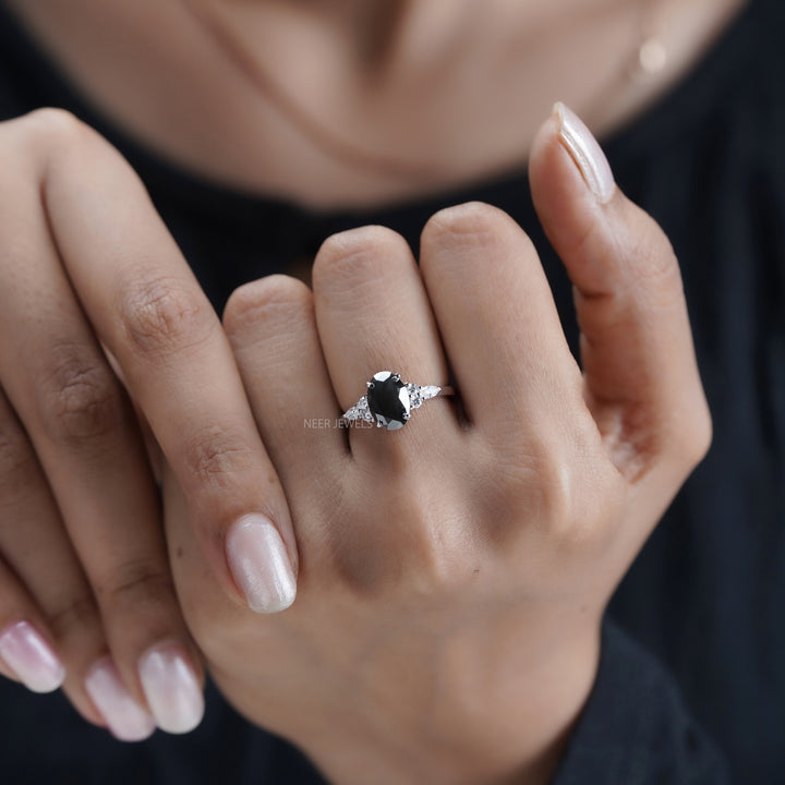 Oval Shape Salt and Pepper Moissanite Engagement Ring