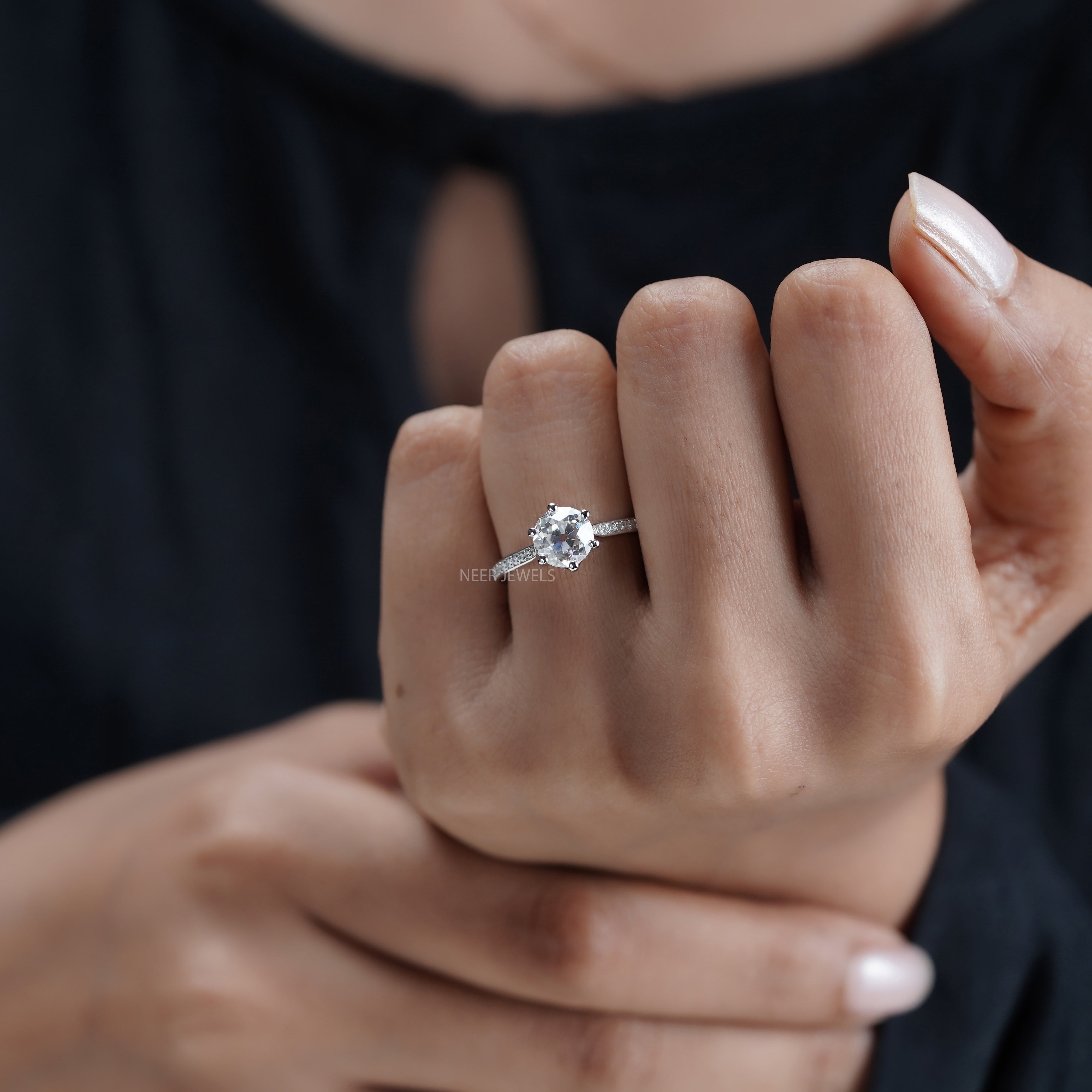 Old European cut Solitaire Moissanite Engagement Ring