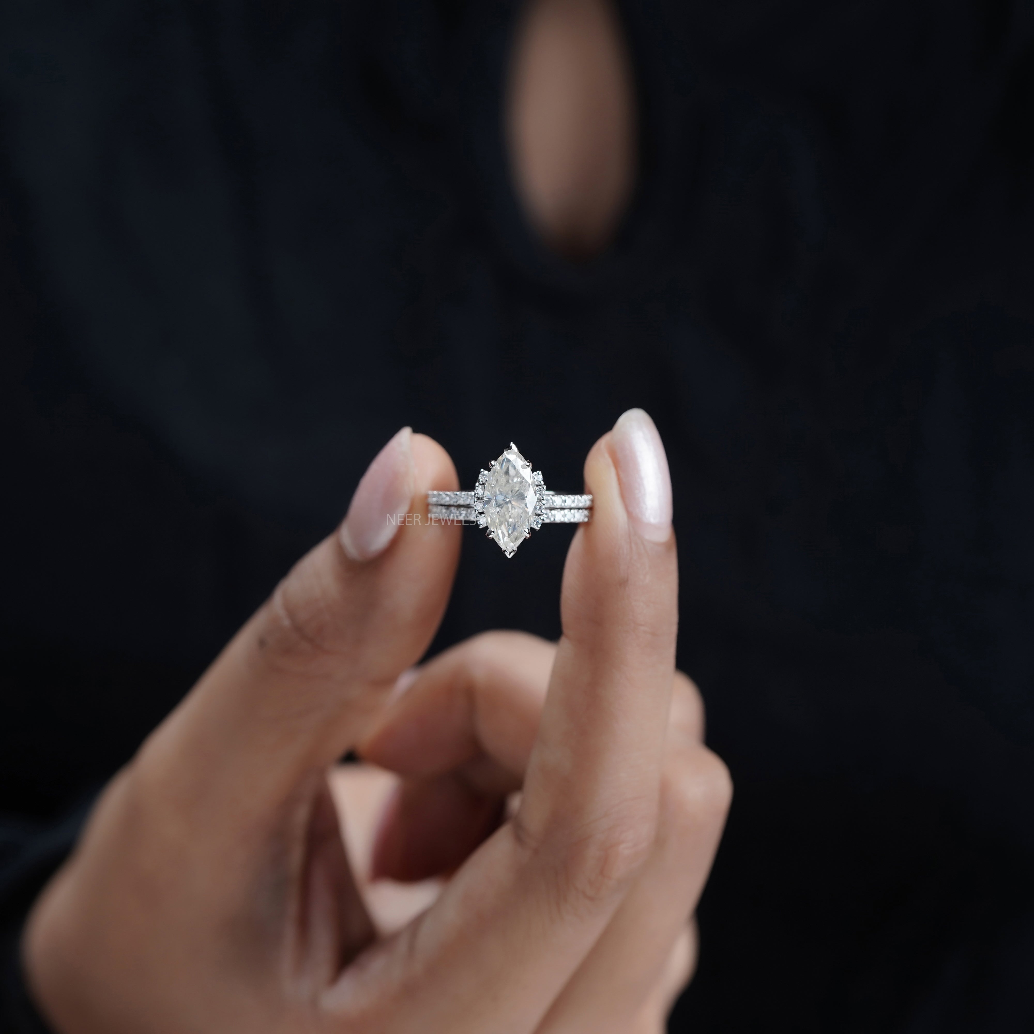 Marquise Cut Salt and Pepper Moissanite Engagement ring