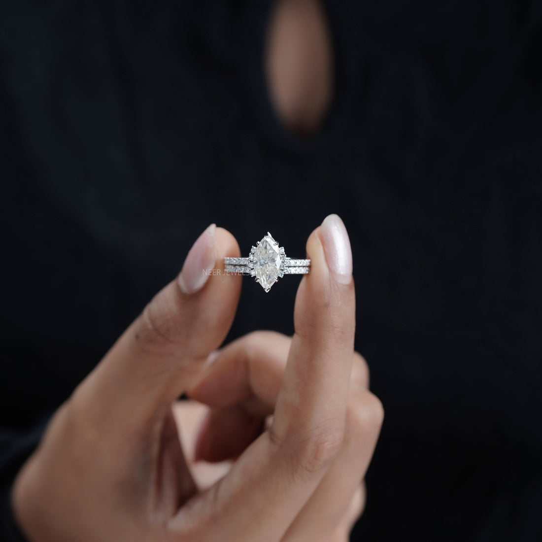 Marquise Cut Salt and Pepper Moissanite Engagement ring