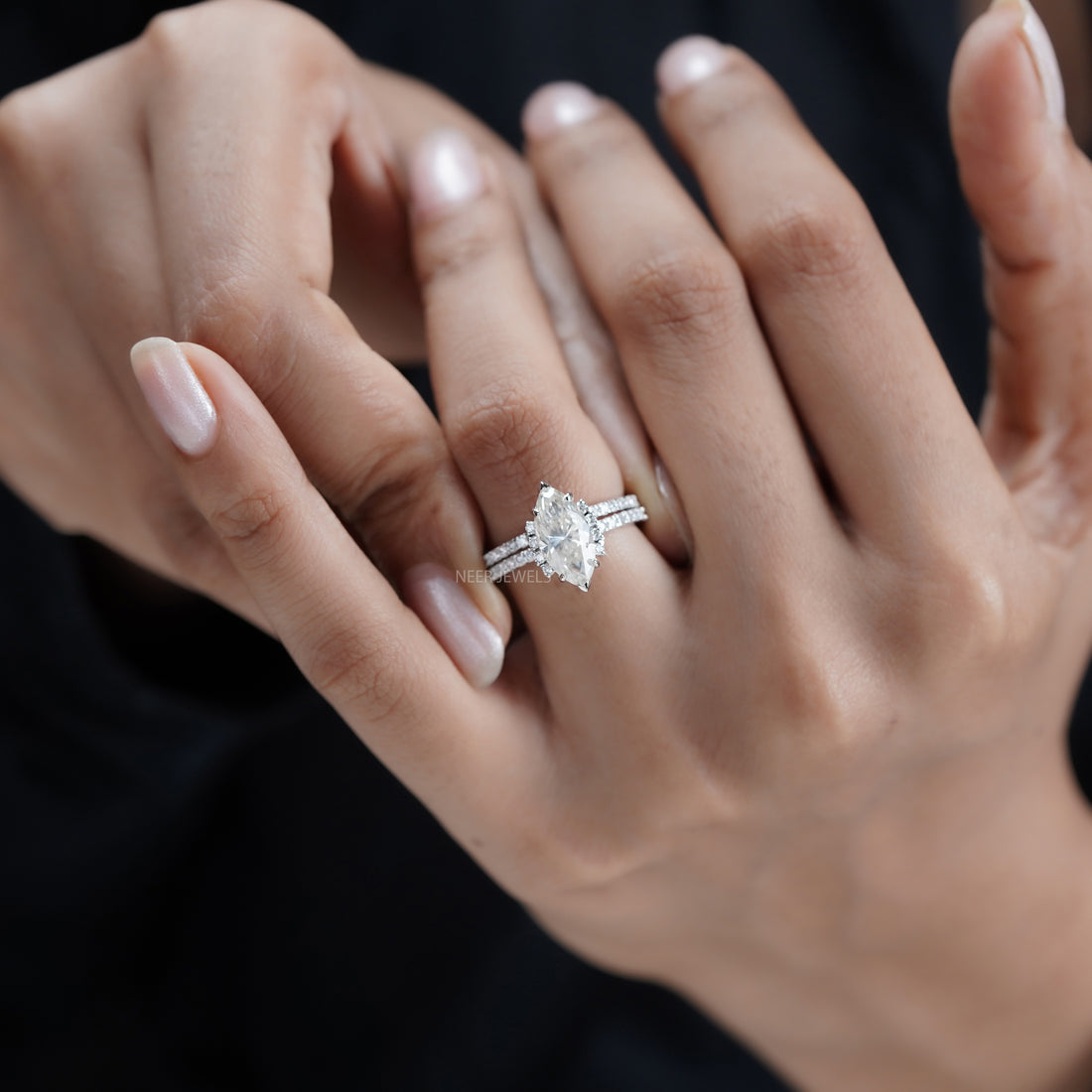 Marquise Cut Salt and Pepper Moissanite Engagement ring