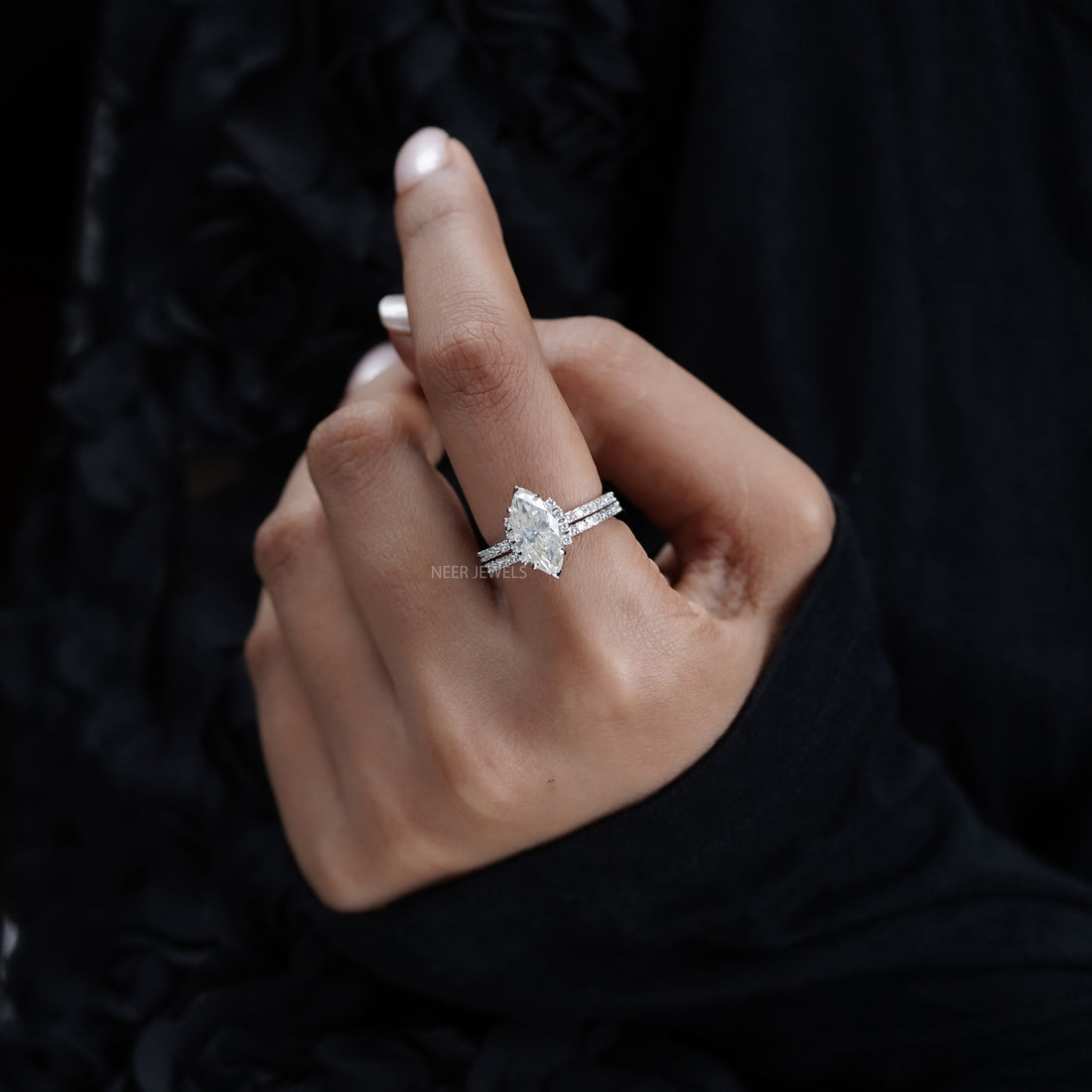 Marquise Cut Salt and Pepper Moissanite Engagement ring