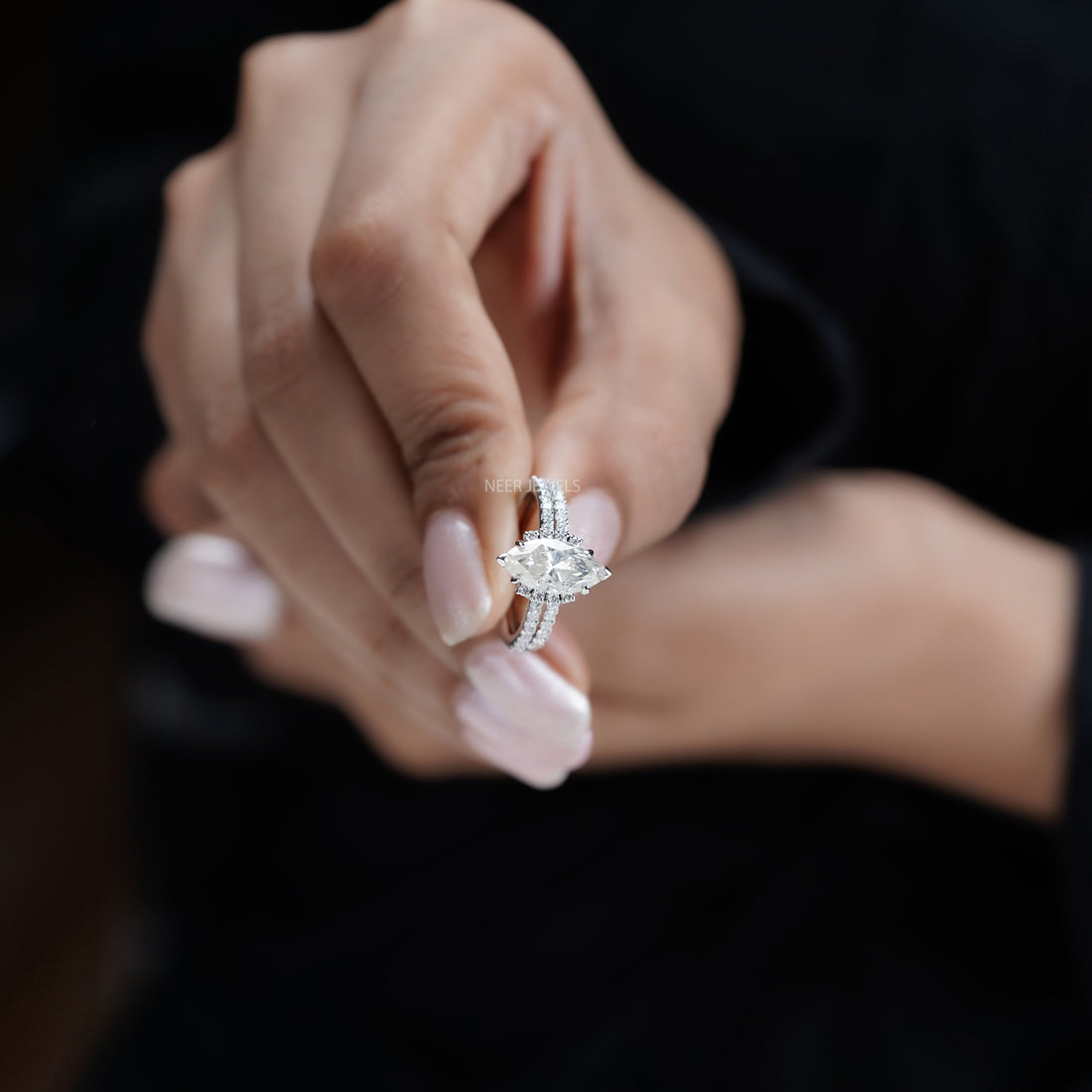 Marquise Cut Salt and Pepper Moissanite Engagement ring